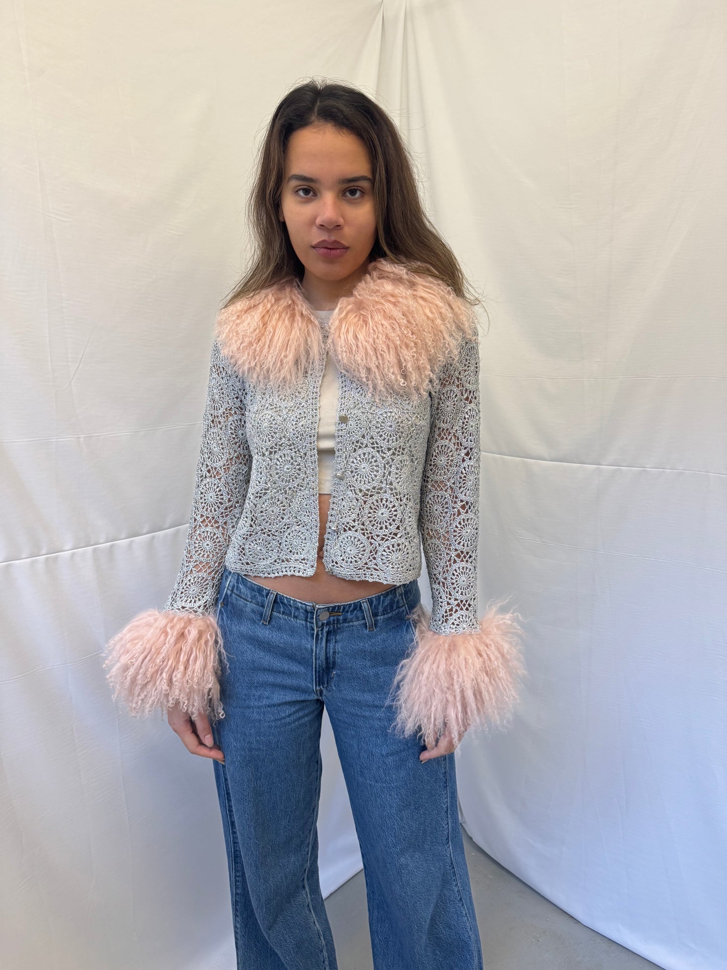 Silver Crochet Cardigan with Pink Mongolian Wool Trims