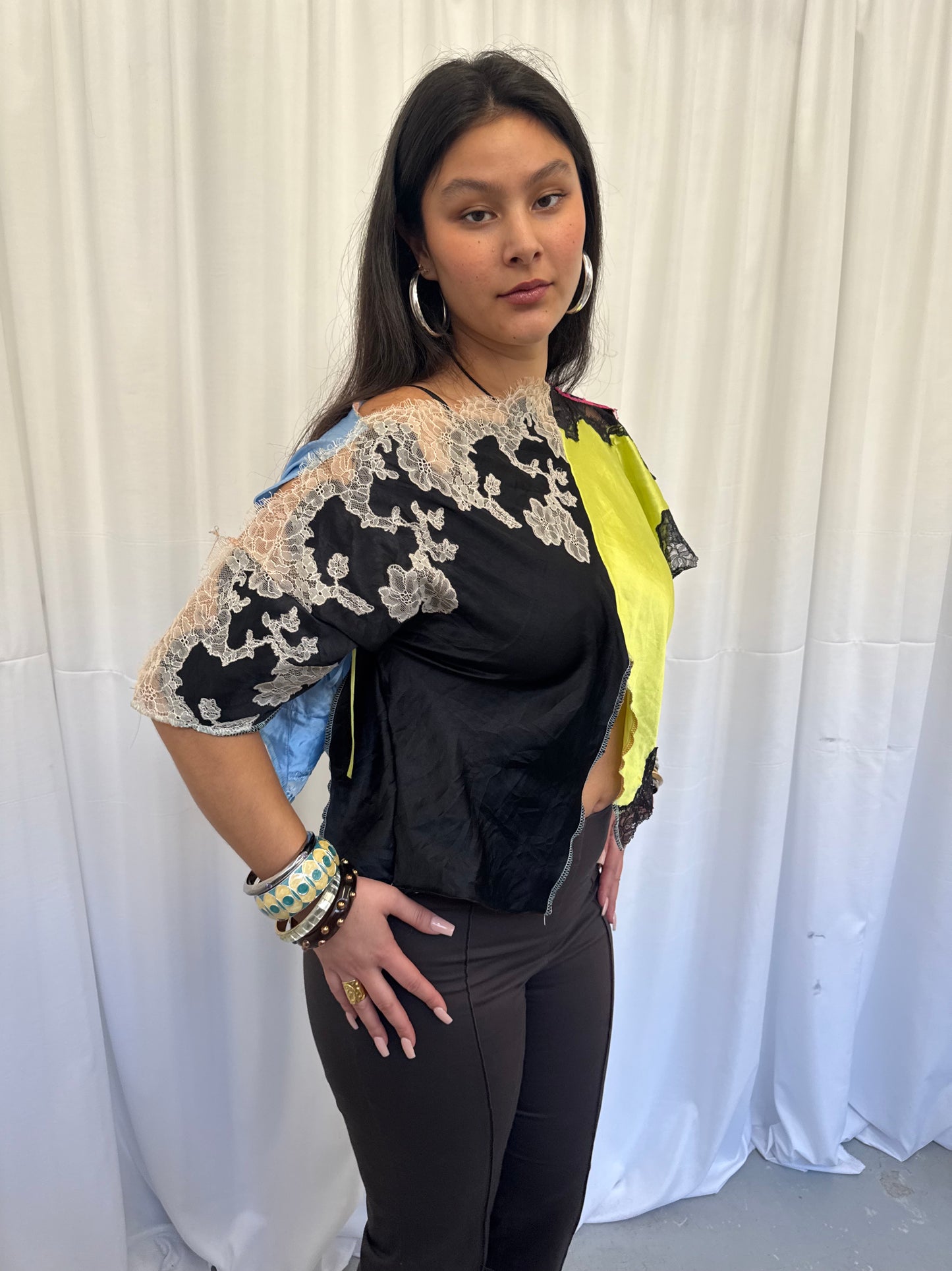 Upcycled Lime Green and Black Lace Top