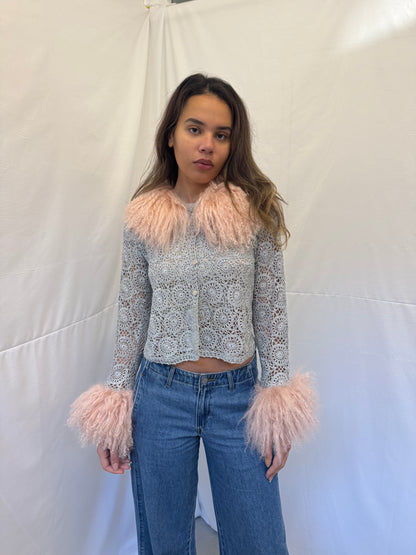 Silver Crochet Cardigan with Pink Mongolian Wool Trims