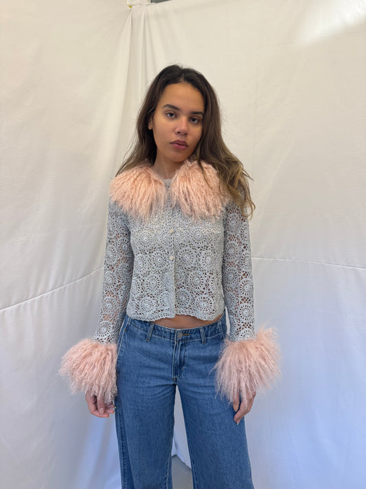 Silver Crochet Cardigan with Pink Mongolian Wool Trims