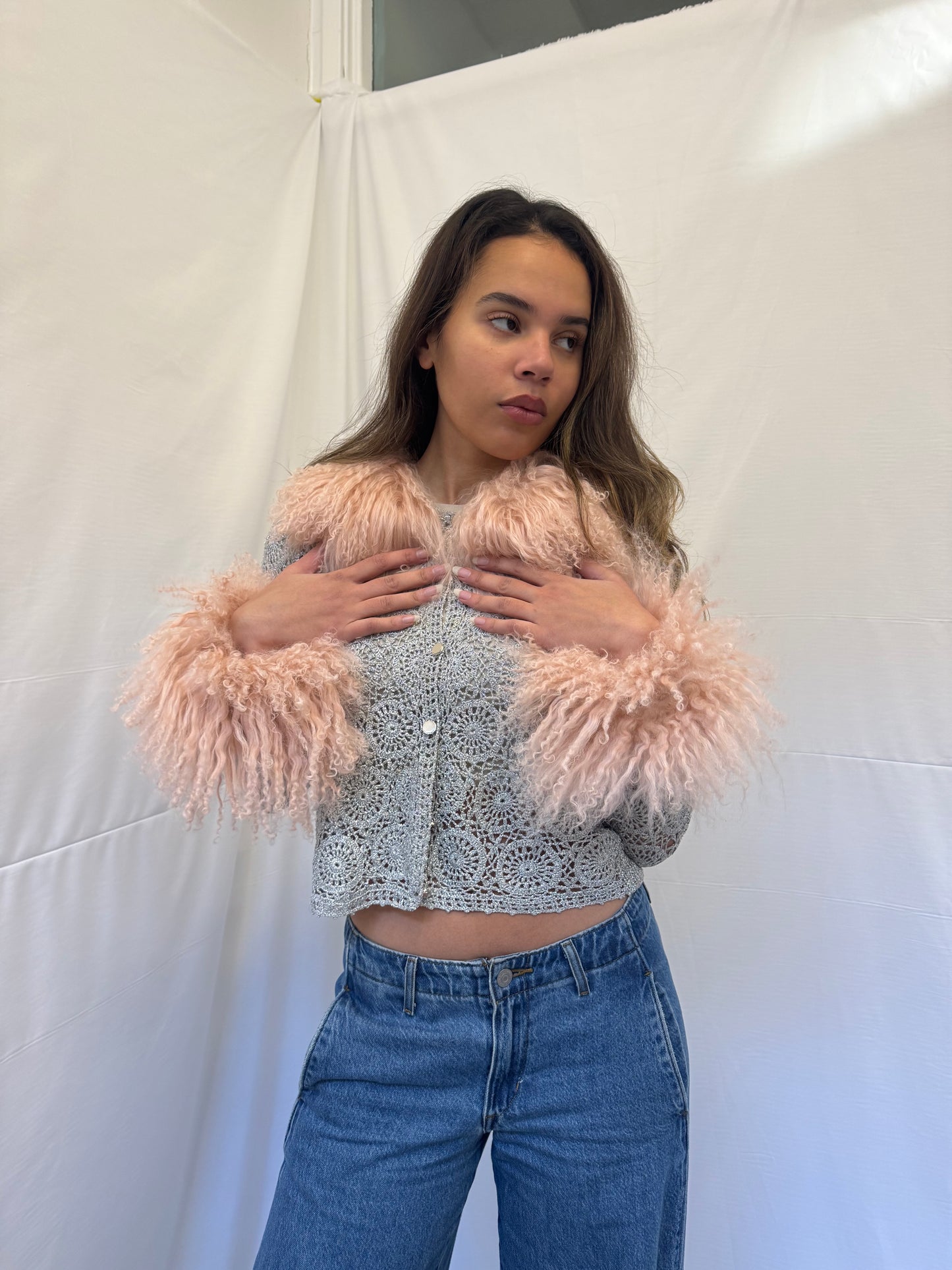 Silver Crochet Cardigan with Pink Mongolian Wool Trims