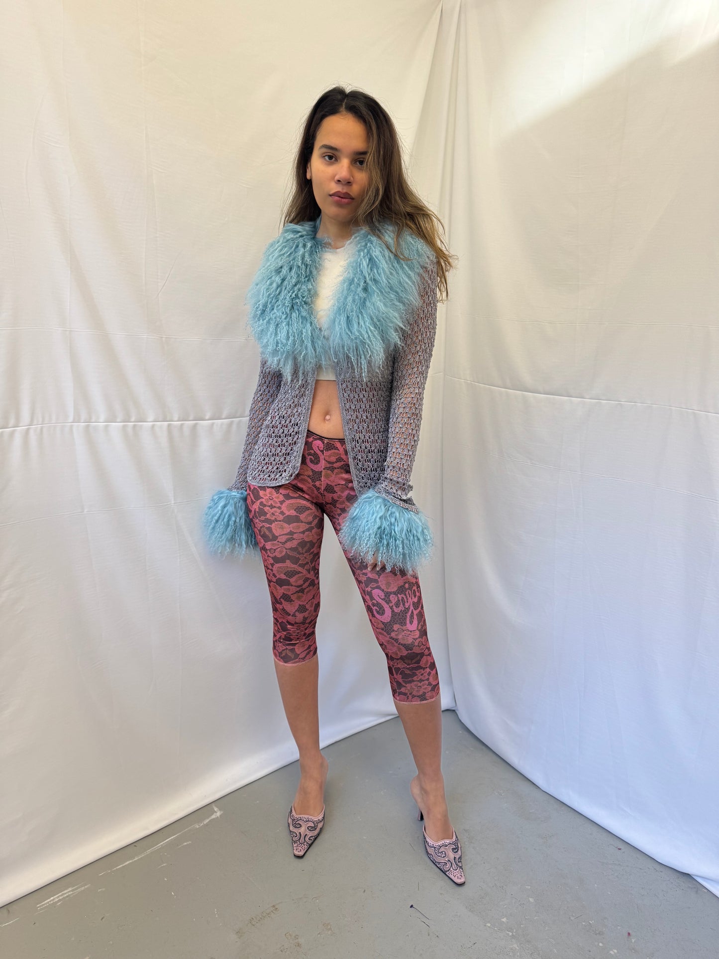 Silver Crochet Cardigan with Blue Mongolian Wool Trims