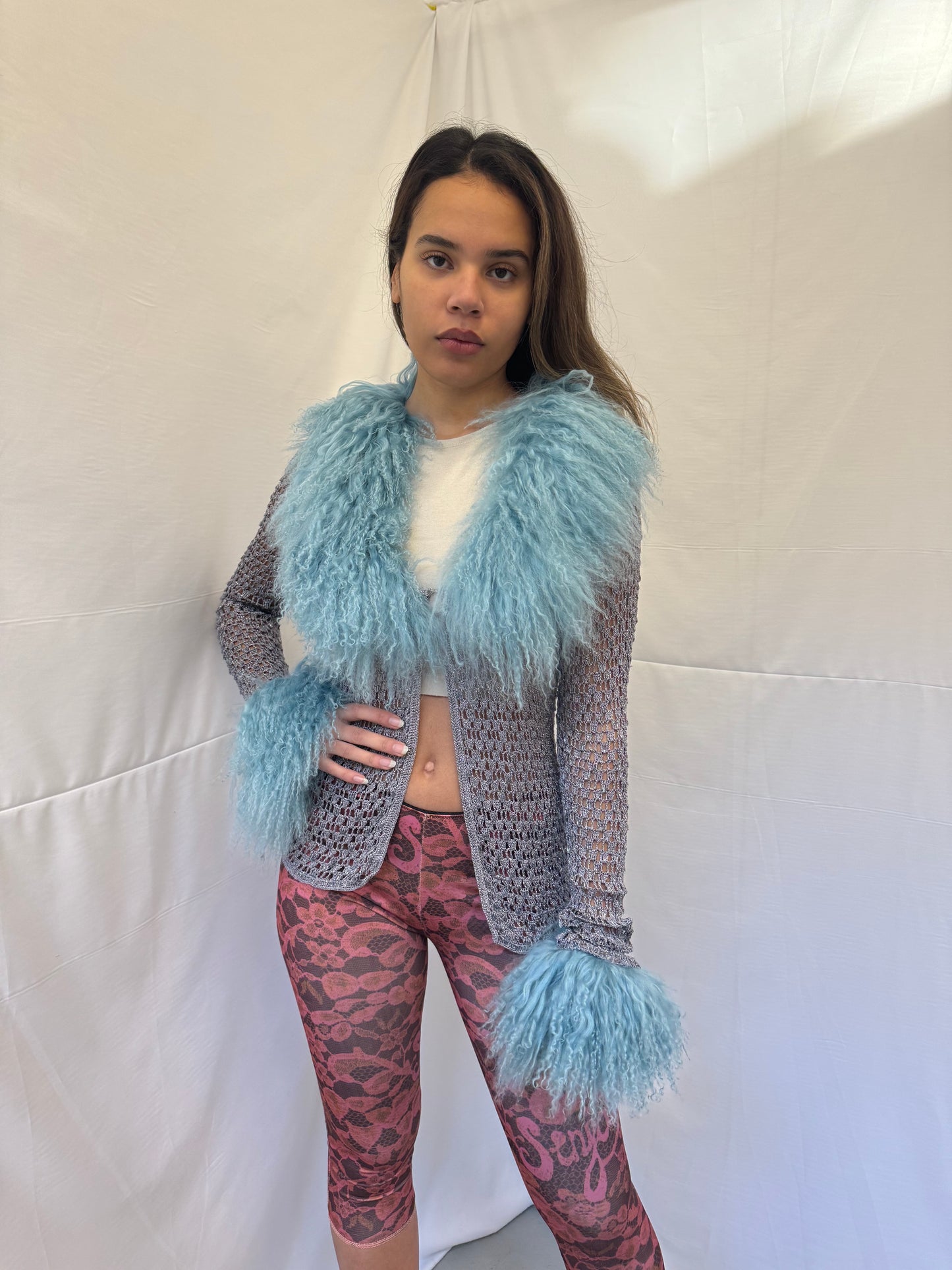 Silver Crochet Cardigan with Blue Mongolian Wool Trims