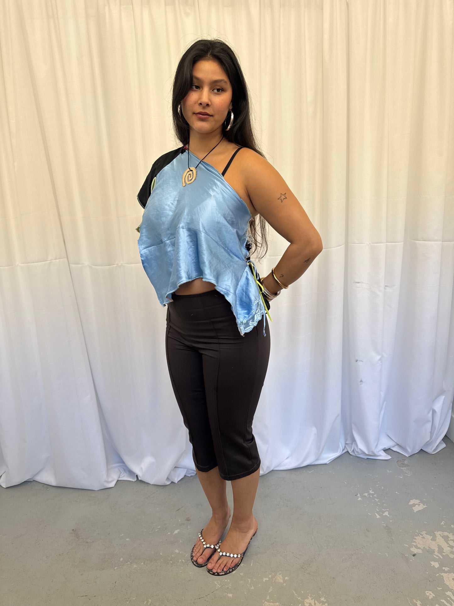 Upcycled Lime Green and Black Lace Top