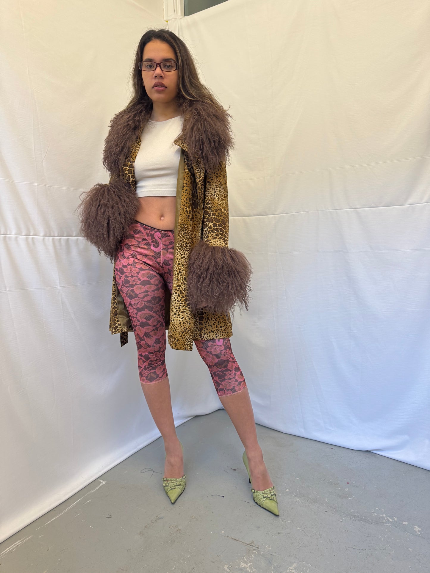 Leopard Print Trench Coat with Brown Mongolian Trims