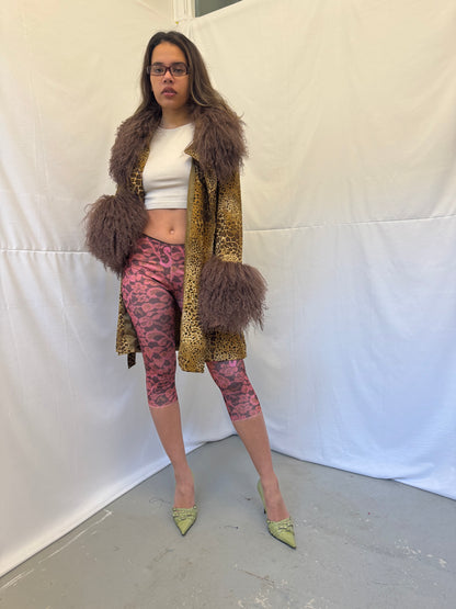 Leopard Print Trench Coat with Brown Mongolian Trims