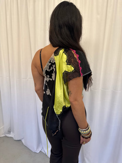 Upcycled Lime Green and Black Lace Top
