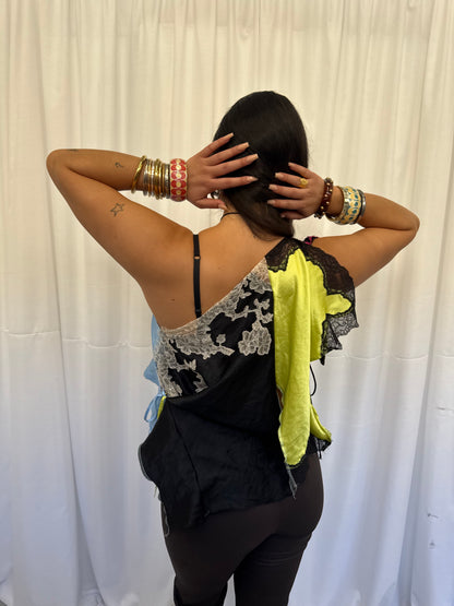 Upcycled Lime Green and Black Lace Top