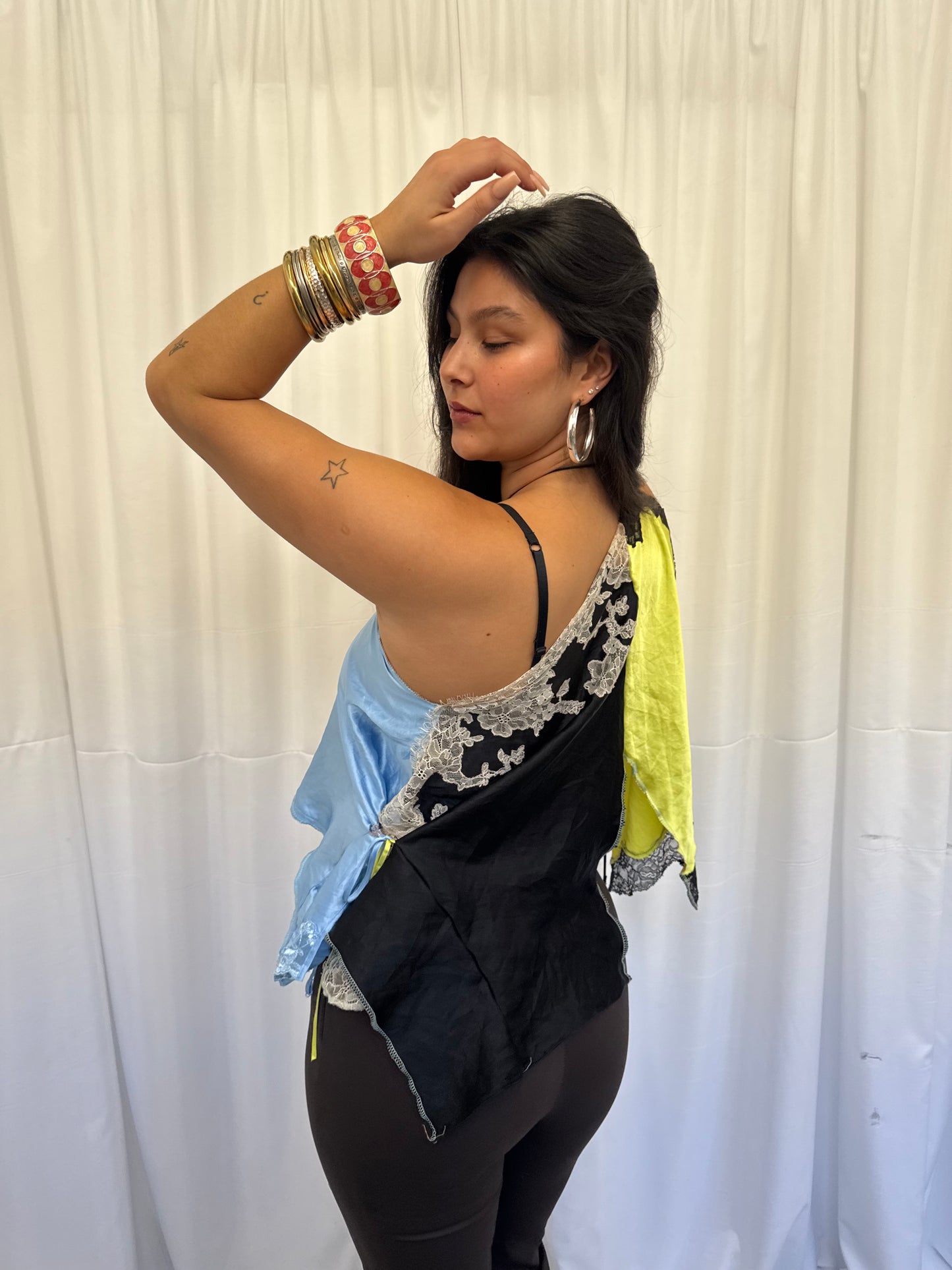 Upcycled Lime Green and Black Lace Top