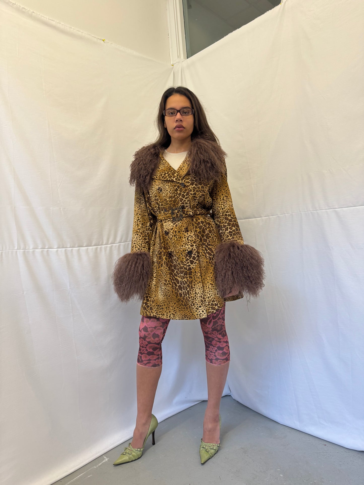 Leopard Print Trench Coat with Brown Mongolian Trims