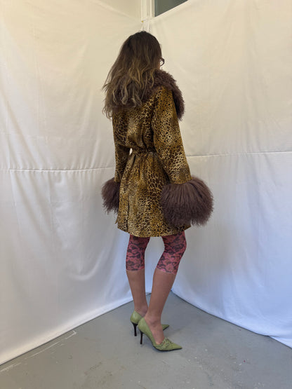 Leopard Print Trench Coat with Brown Mongolian Trims