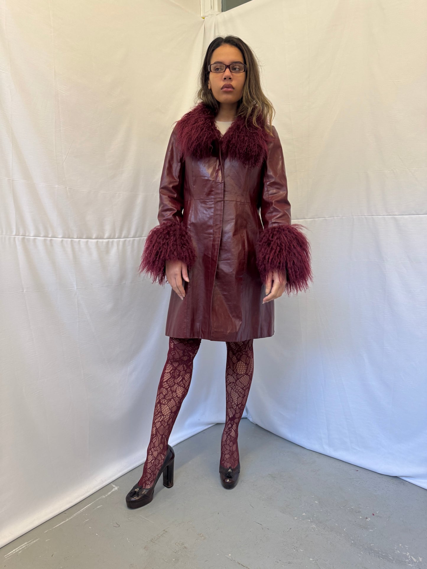 Long Burgundy Leather Jacket with Matching Mongolian Trims