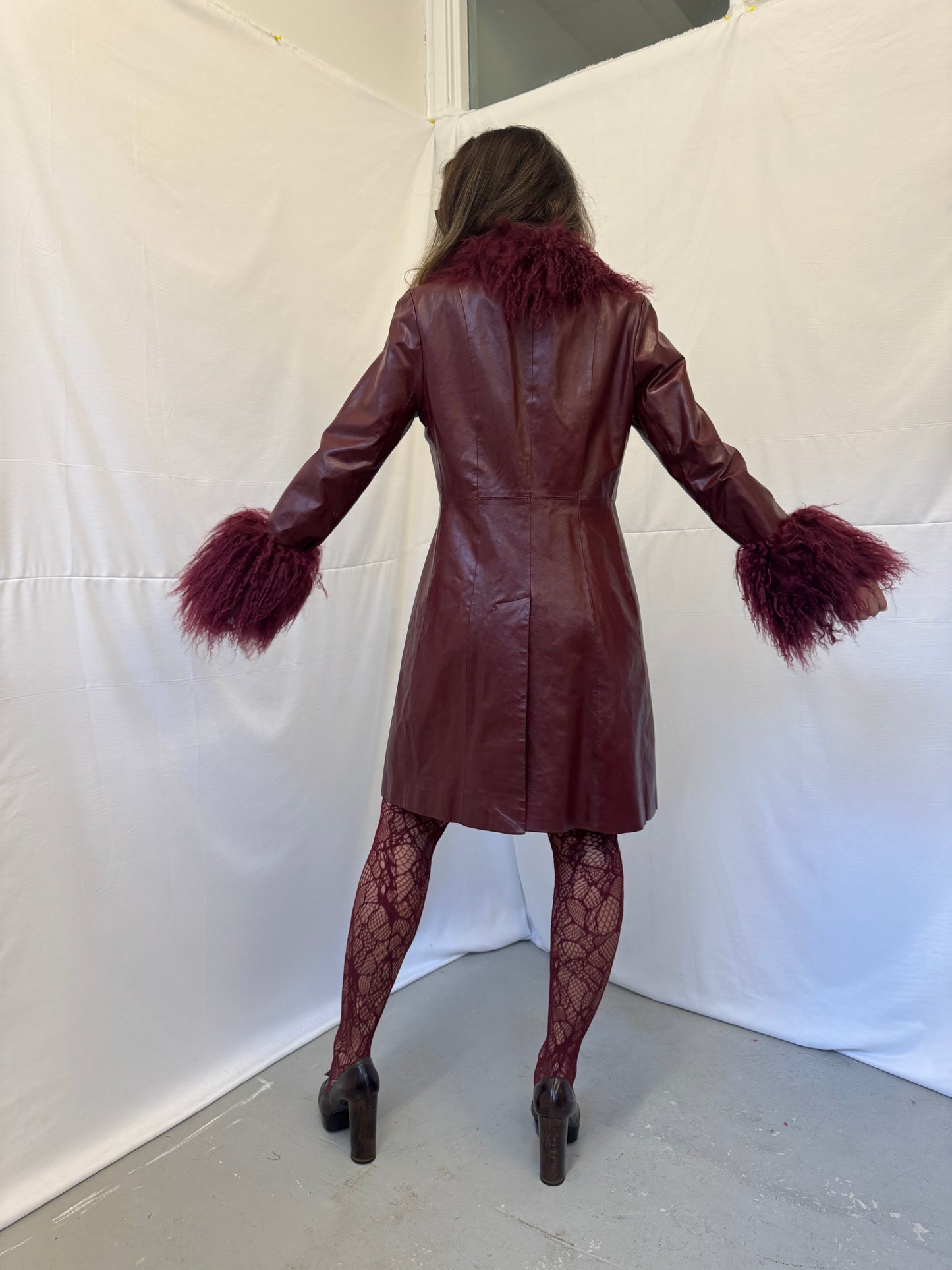 Long Burgundy Leather Jacket with Matching Mongolian Trims