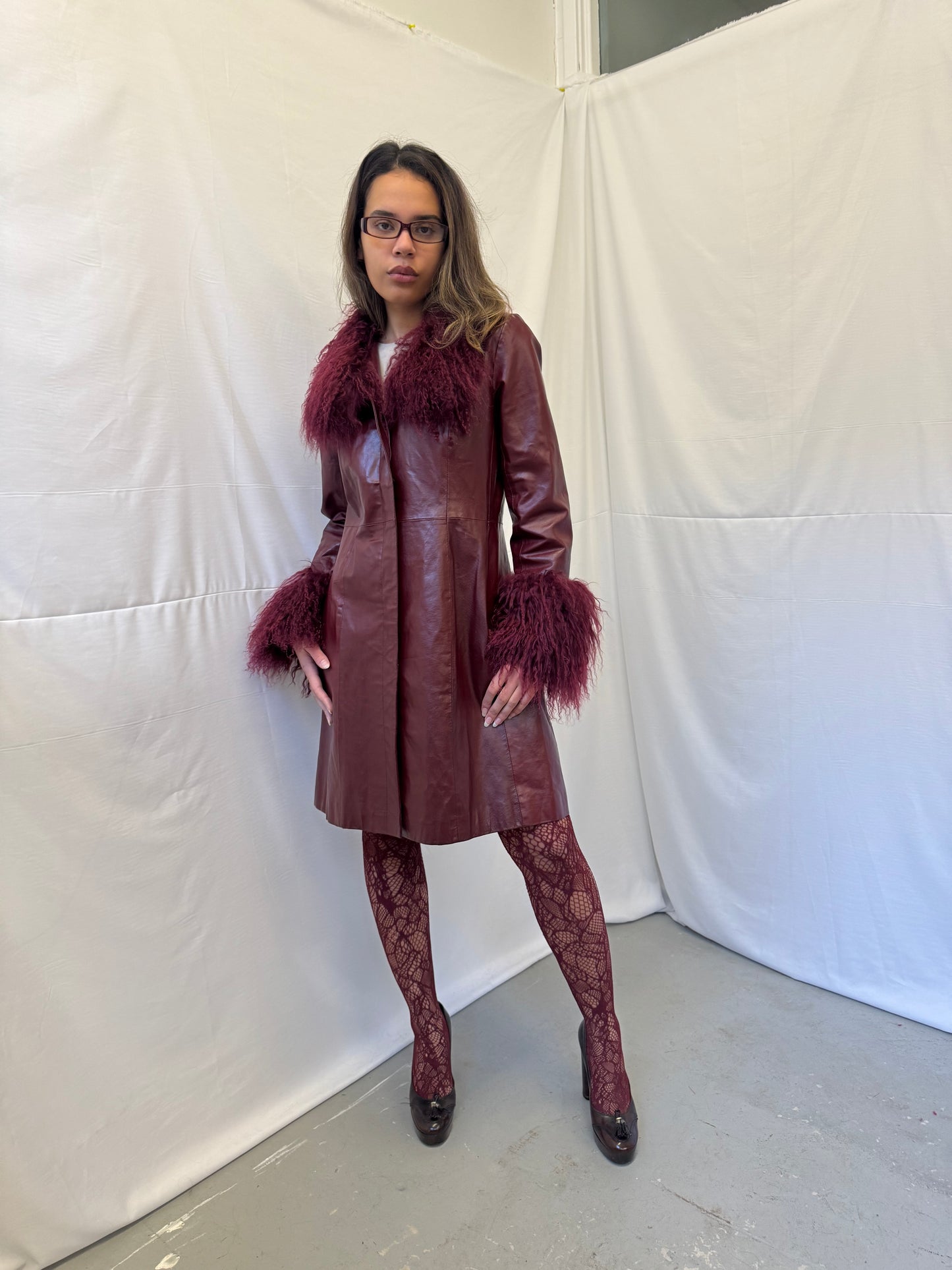 Long Burgundy Leather Jacket with Matching Mongolian Trims
