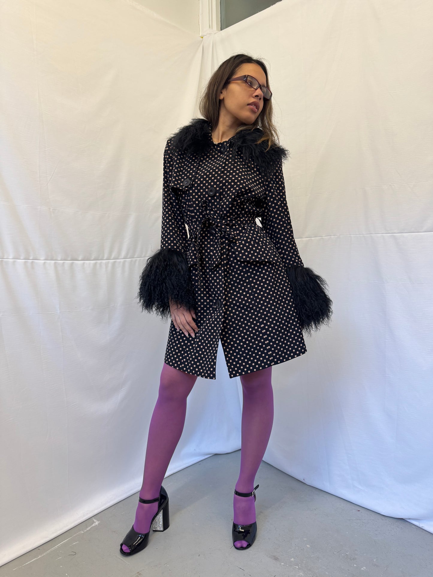 Polka Dot Trench Coat with Black Mongolian Trims