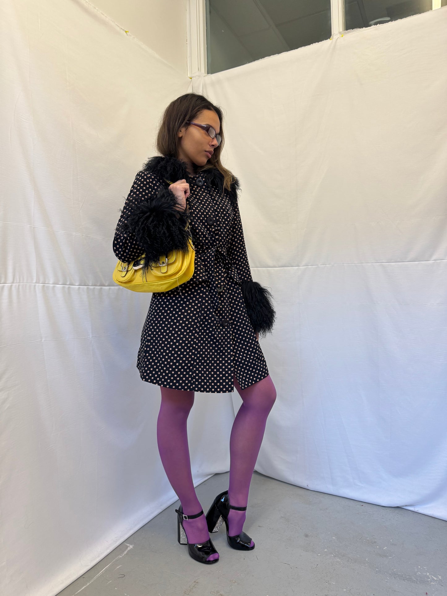 Polka Dot Trench Coat with Black Mongolian Trims
