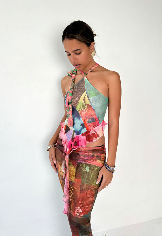Mesh Patchwork Halter Top - S/M