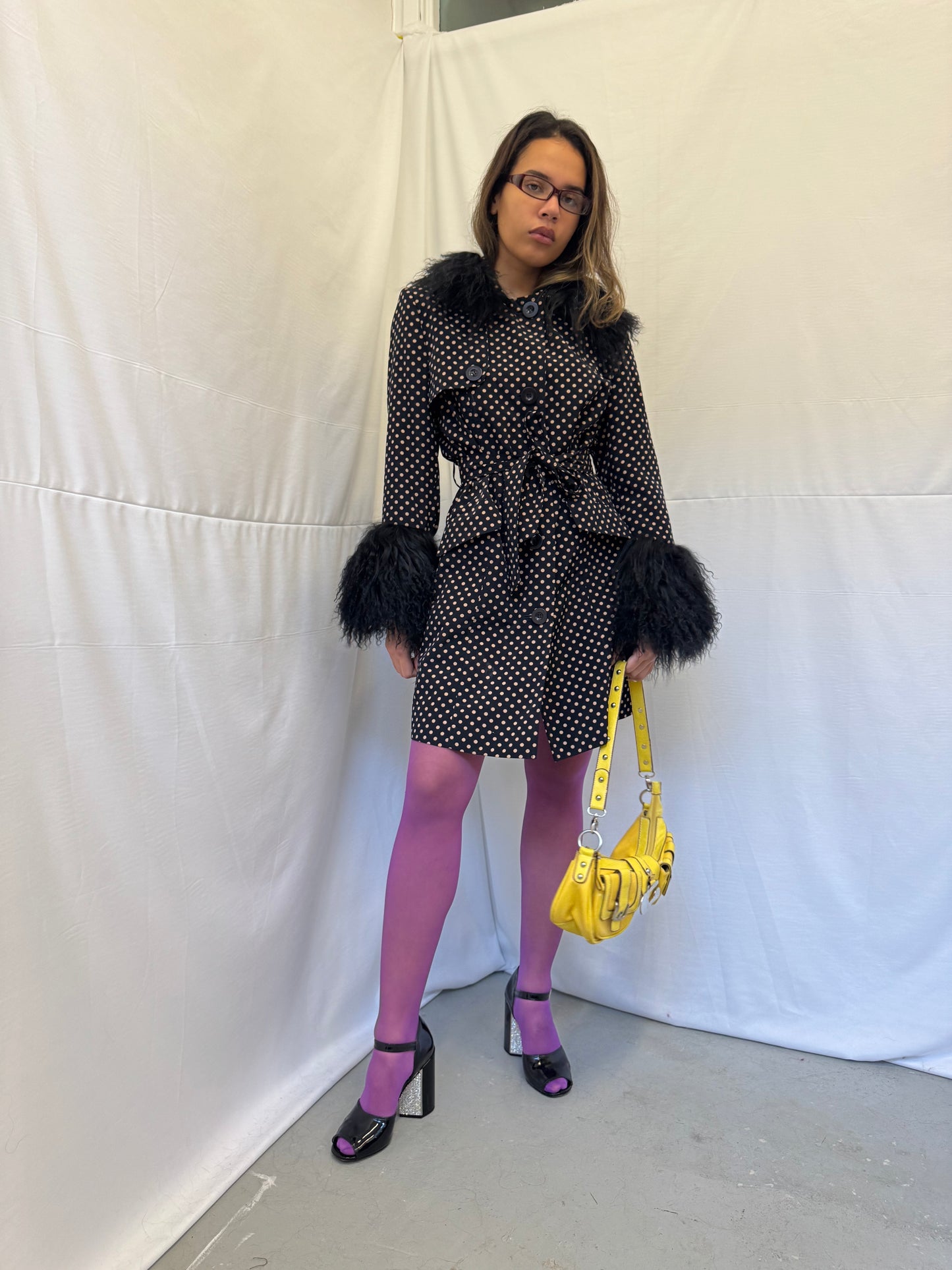 Polka Dot Trench Coat with Black Mongolian Trims