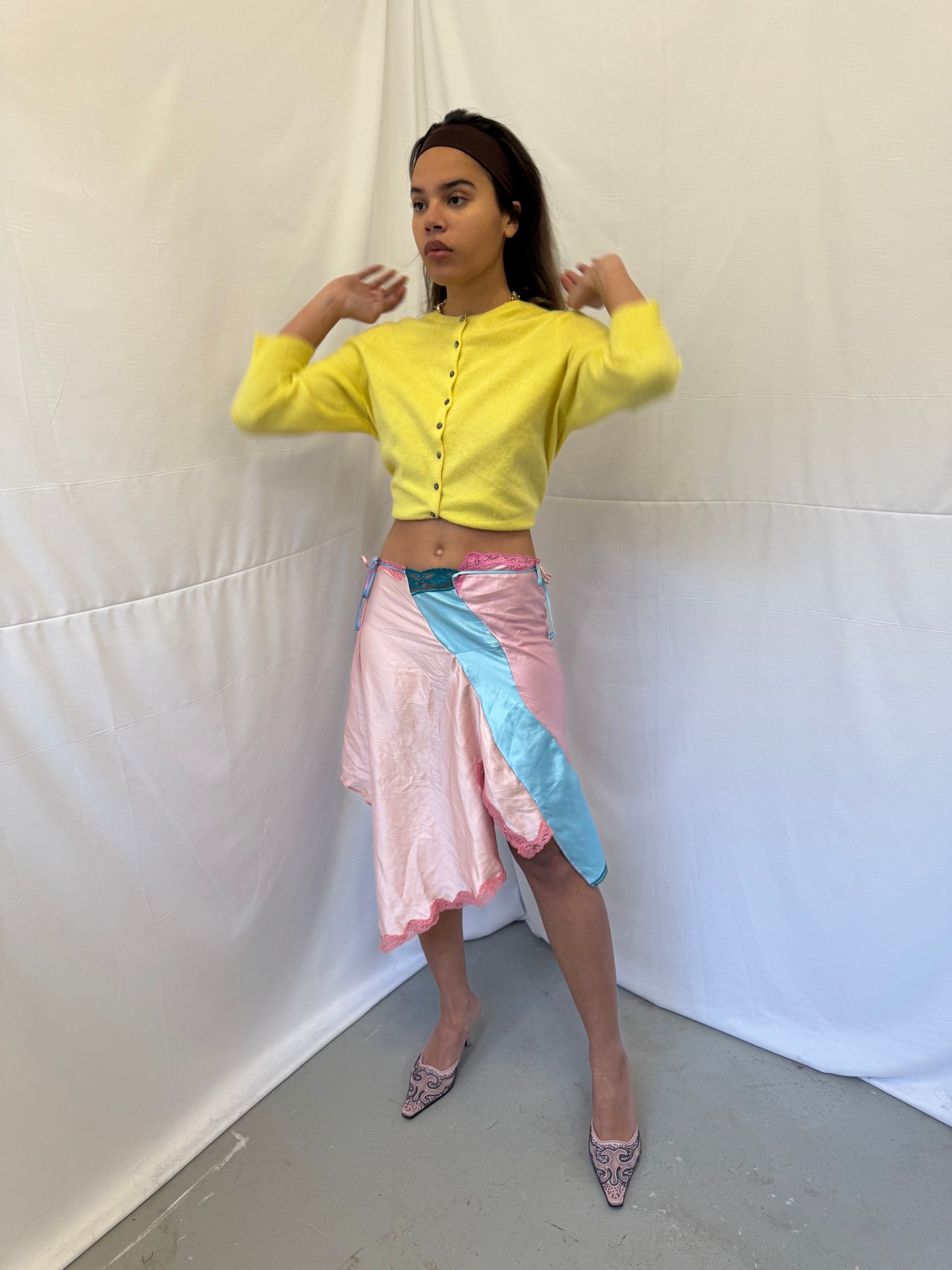 Upcycled blue and pink slip skirt