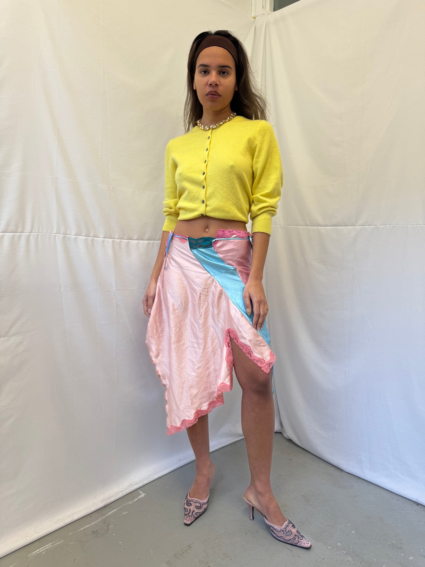 Upcycled blue and pink slip skirt