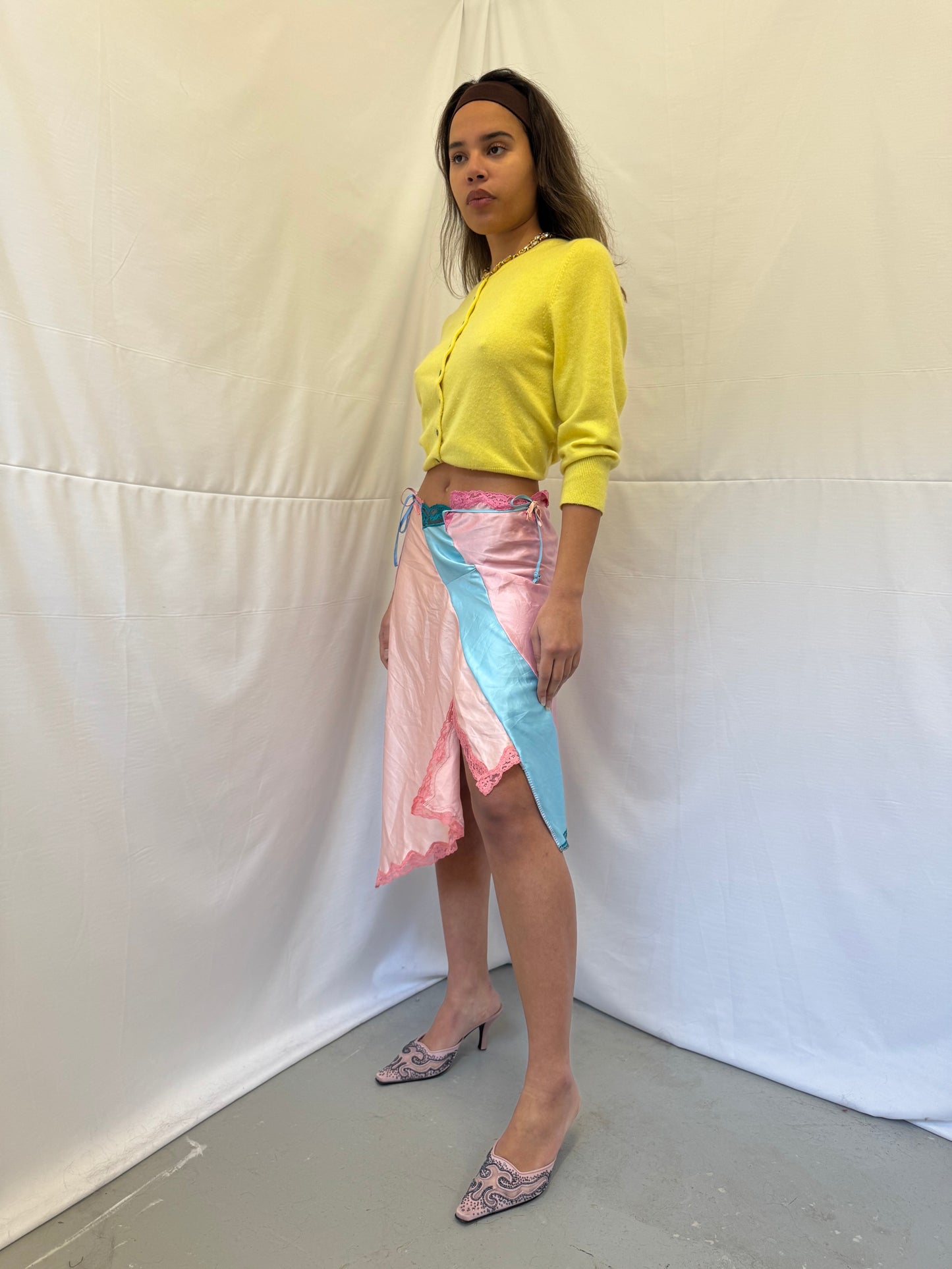 Upcycled blue and pink slip skirt