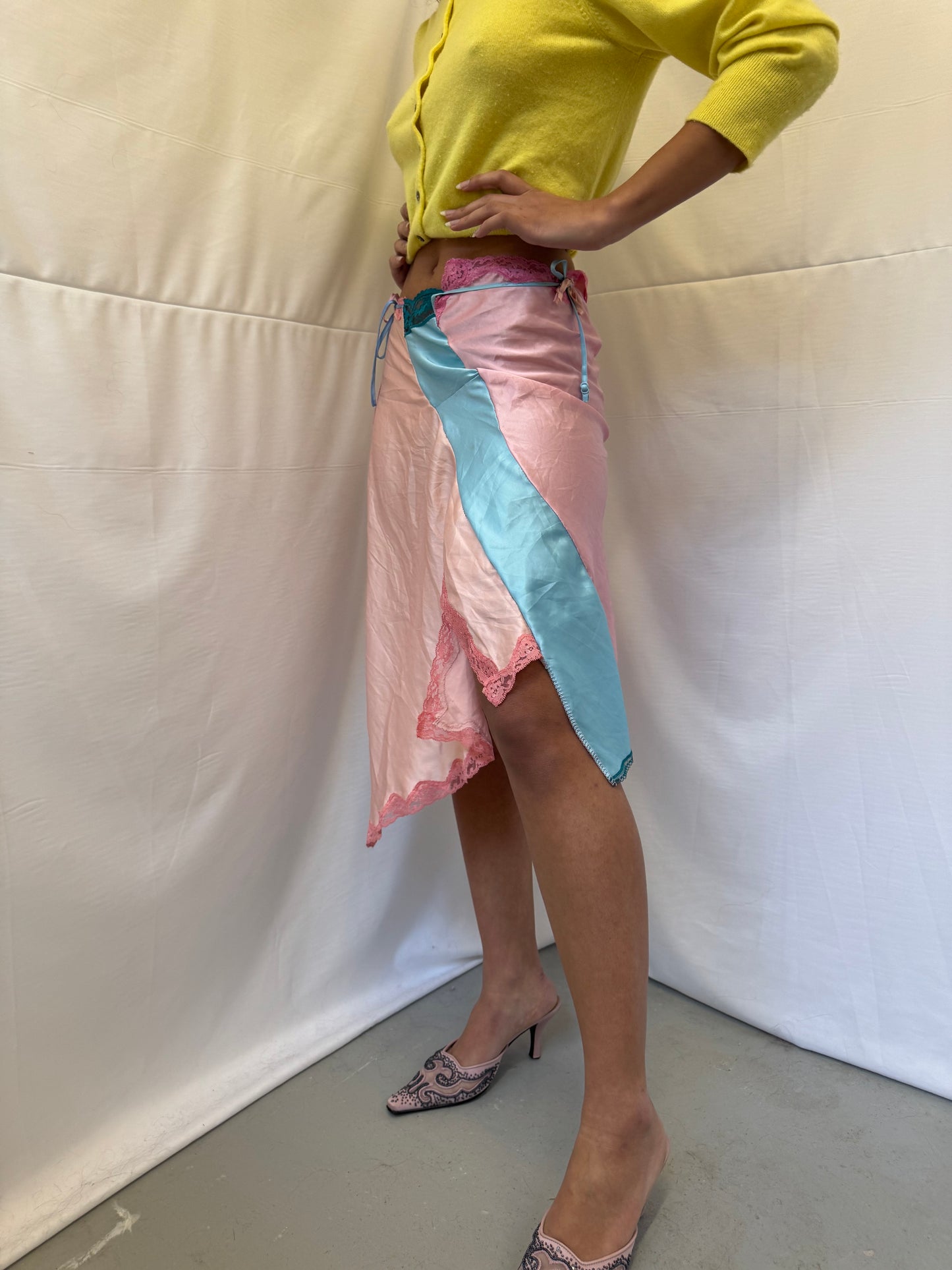Upcycled blue and pink slip skirt