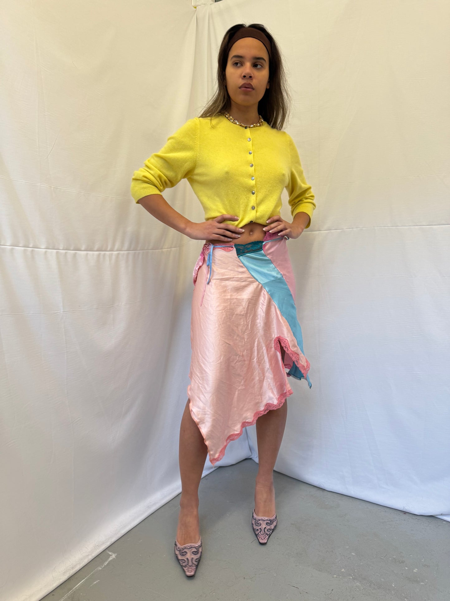 Upcycled blue and pink slip skirt