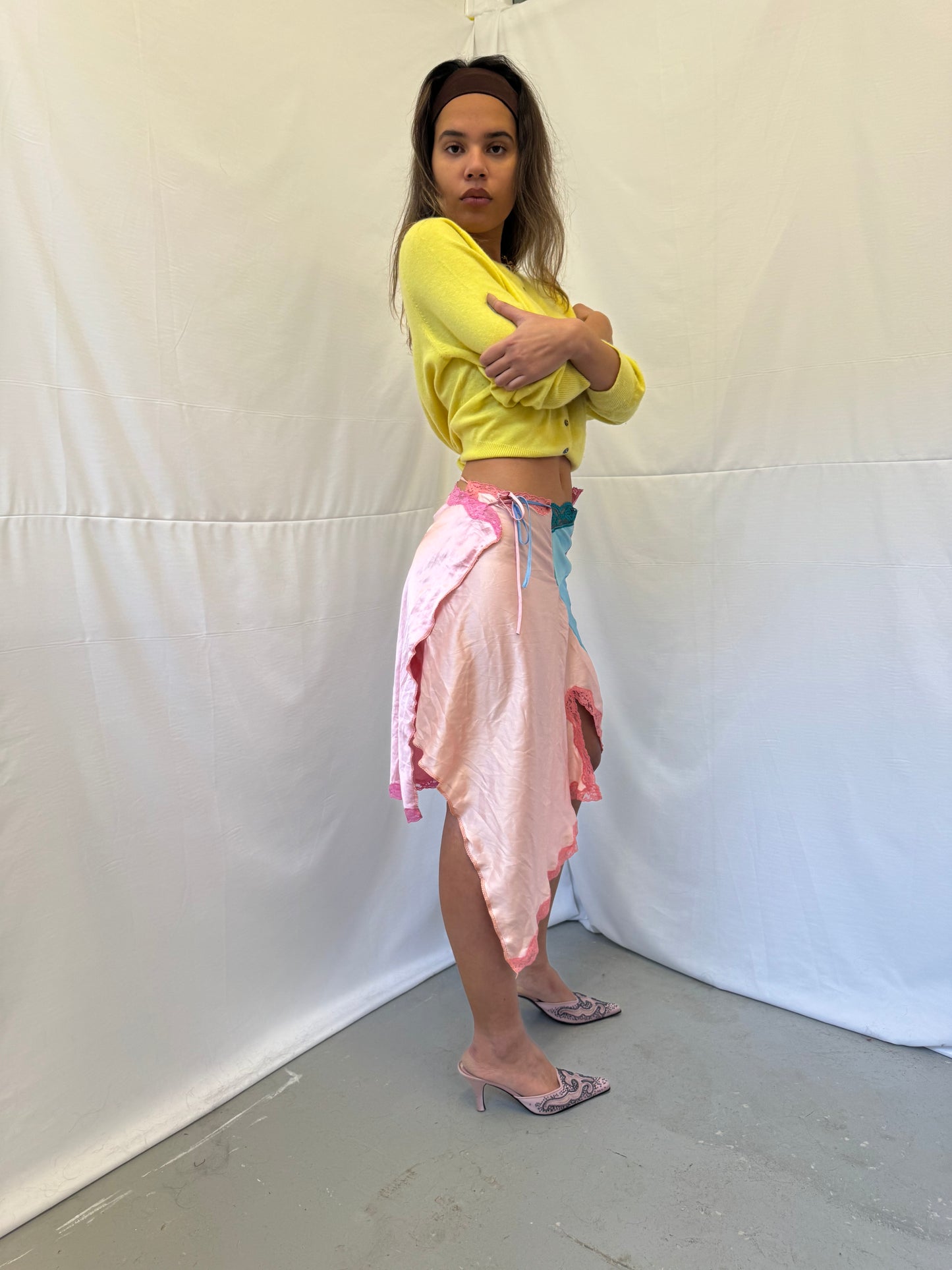 Upcycled blue and pink slip skirt