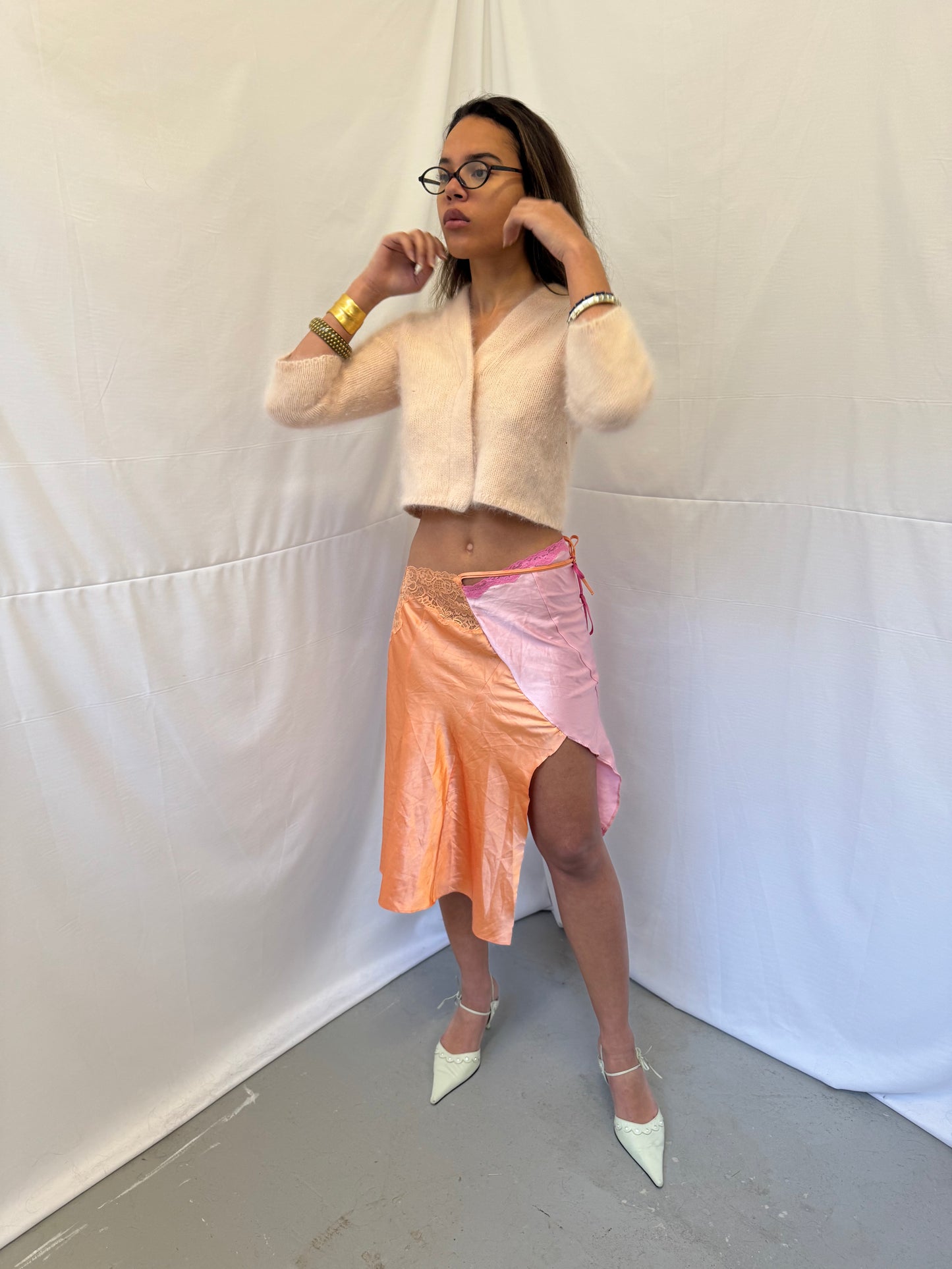Upcycled orange and pink slip skirt