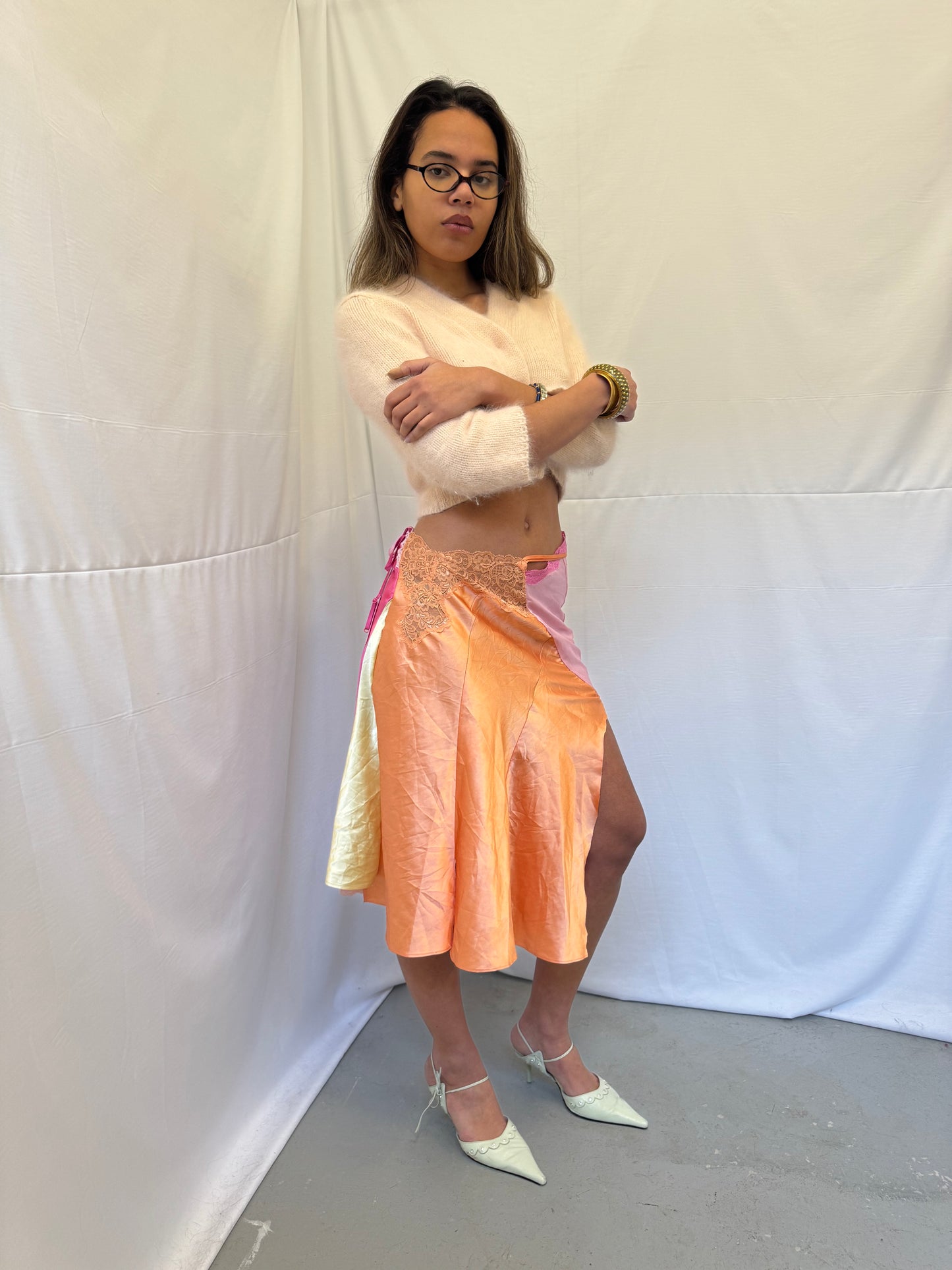 Upcycled orange and pink slip skirt