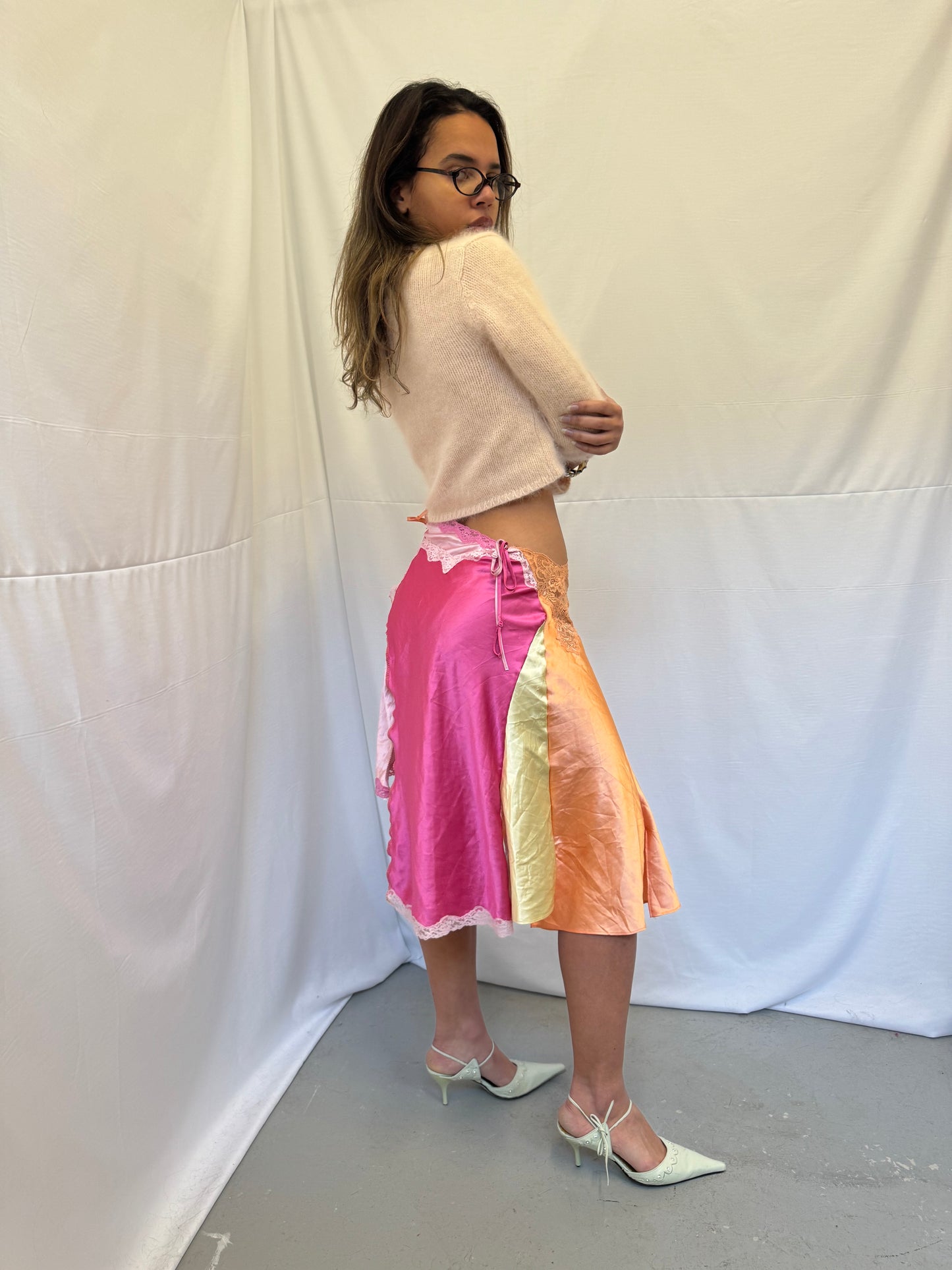 Upcycled orange and pink slip skirt