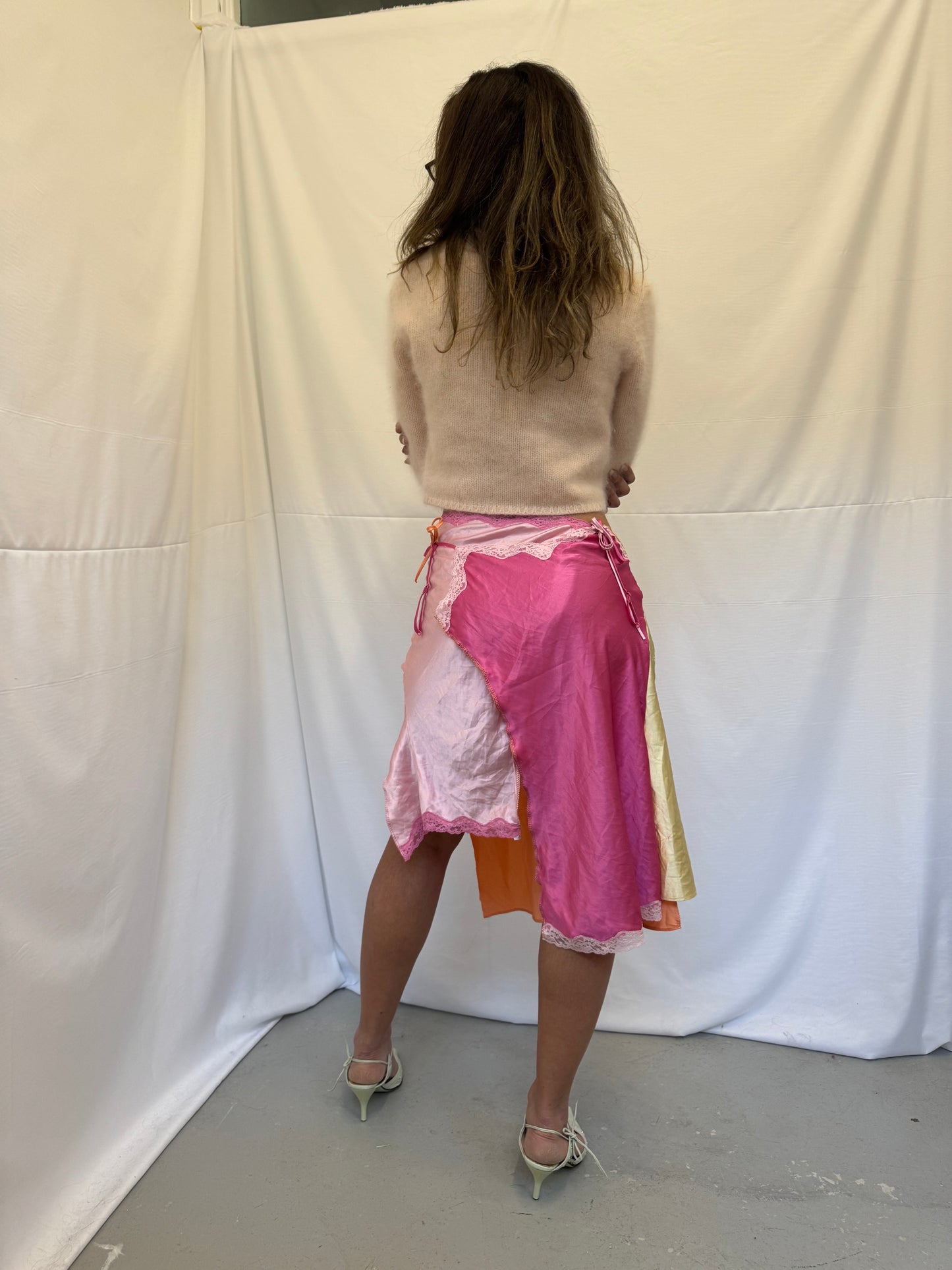 Upcycled orange and pink slip skirt