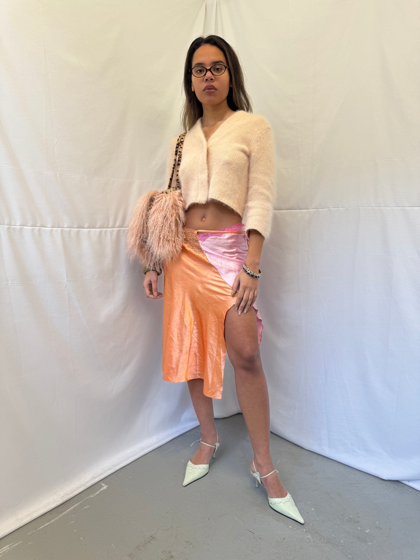 Upcycled orange and pink slip skirt