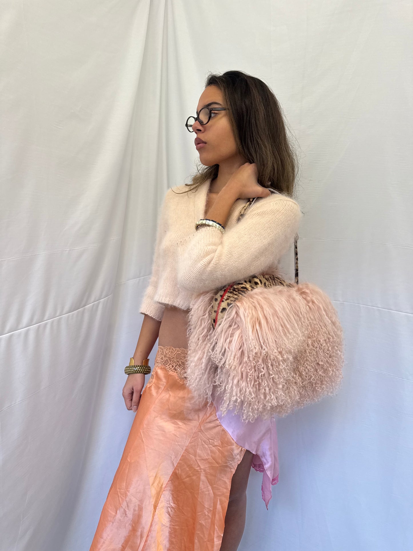 Baby Pink Mongolian Wool Bowler Bag with Leopard Print Leather