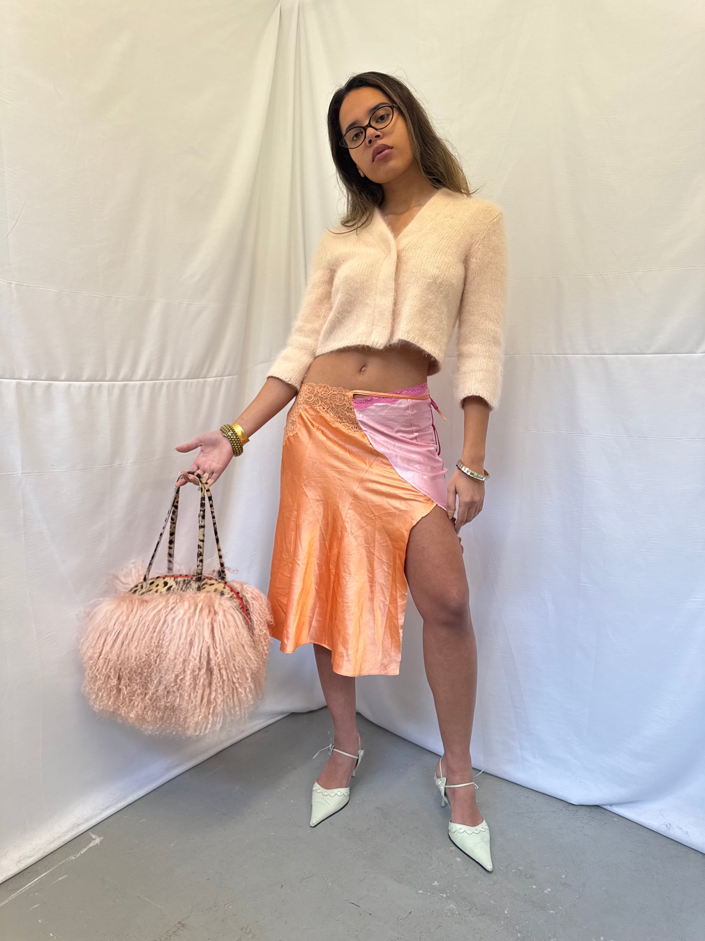 Baby Pink Mongolian Wool Bowler Bag with Leopard Print Leather