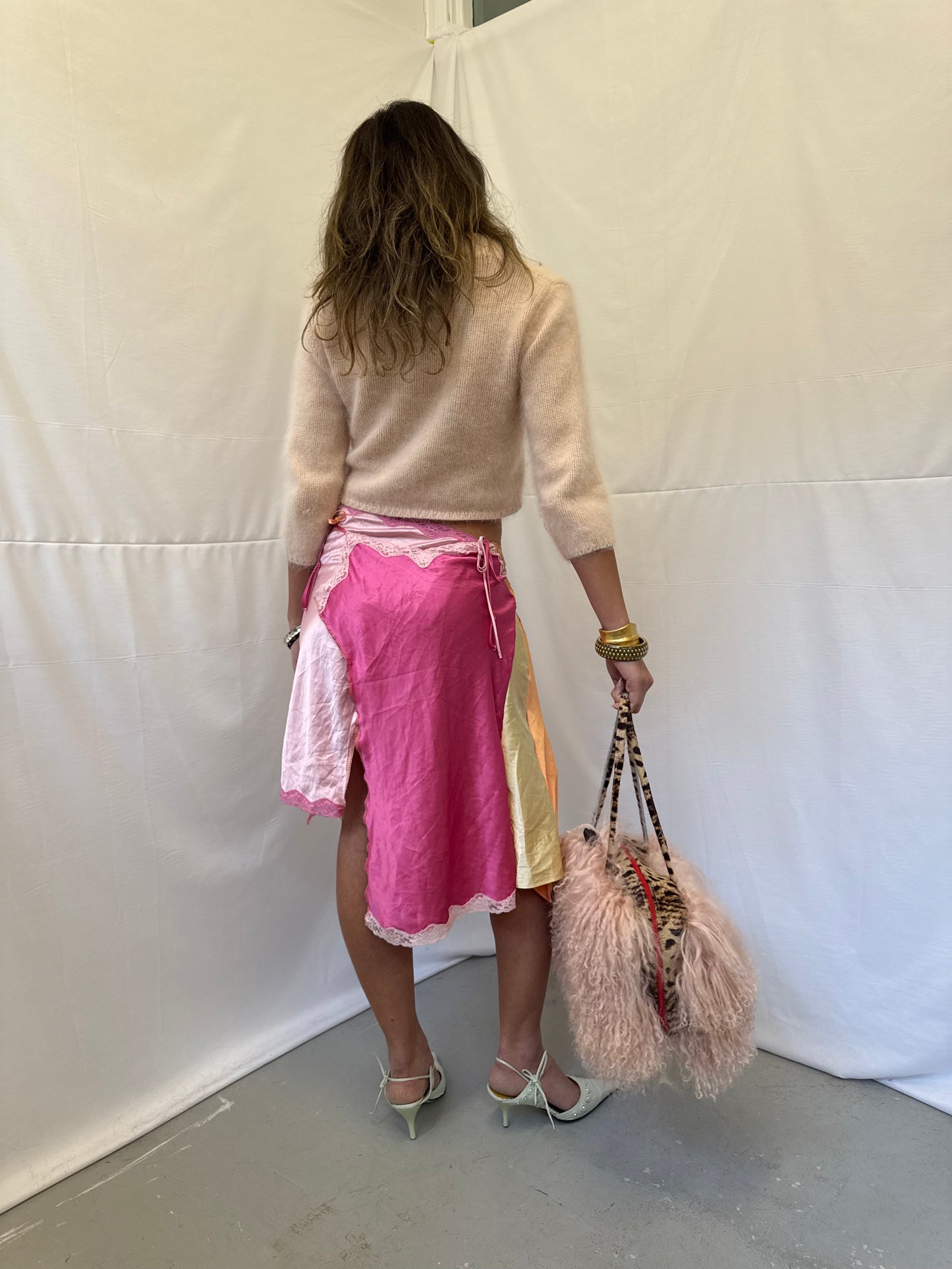 Upcycled orange and pink slip skirt