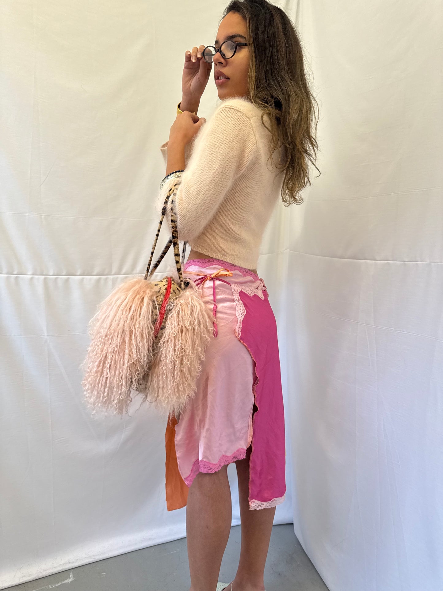 Upcycled orange and pink slip skirt