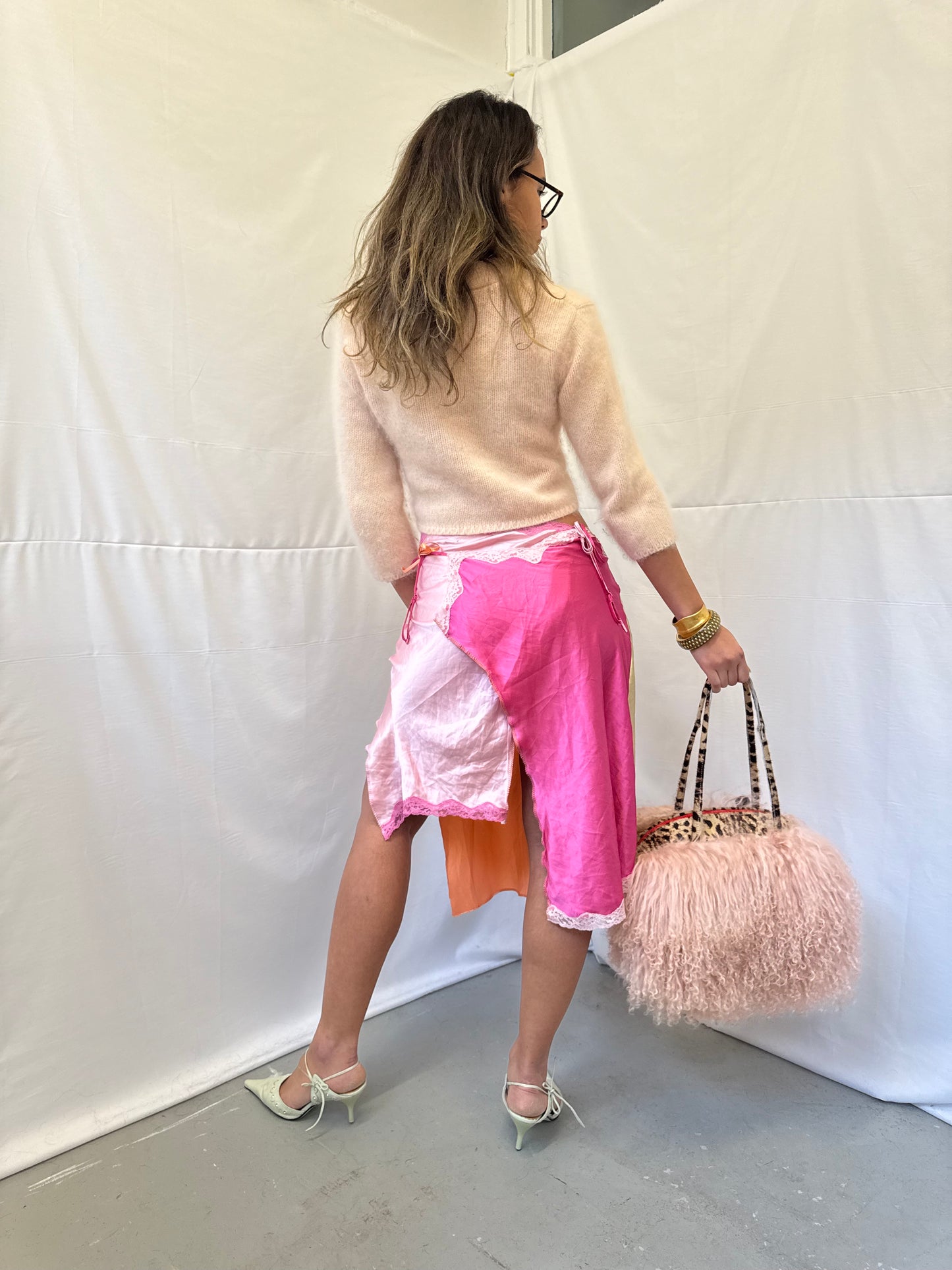 Baby Pink Mongolian Wool Bowler Bag with Leopard Print Leather