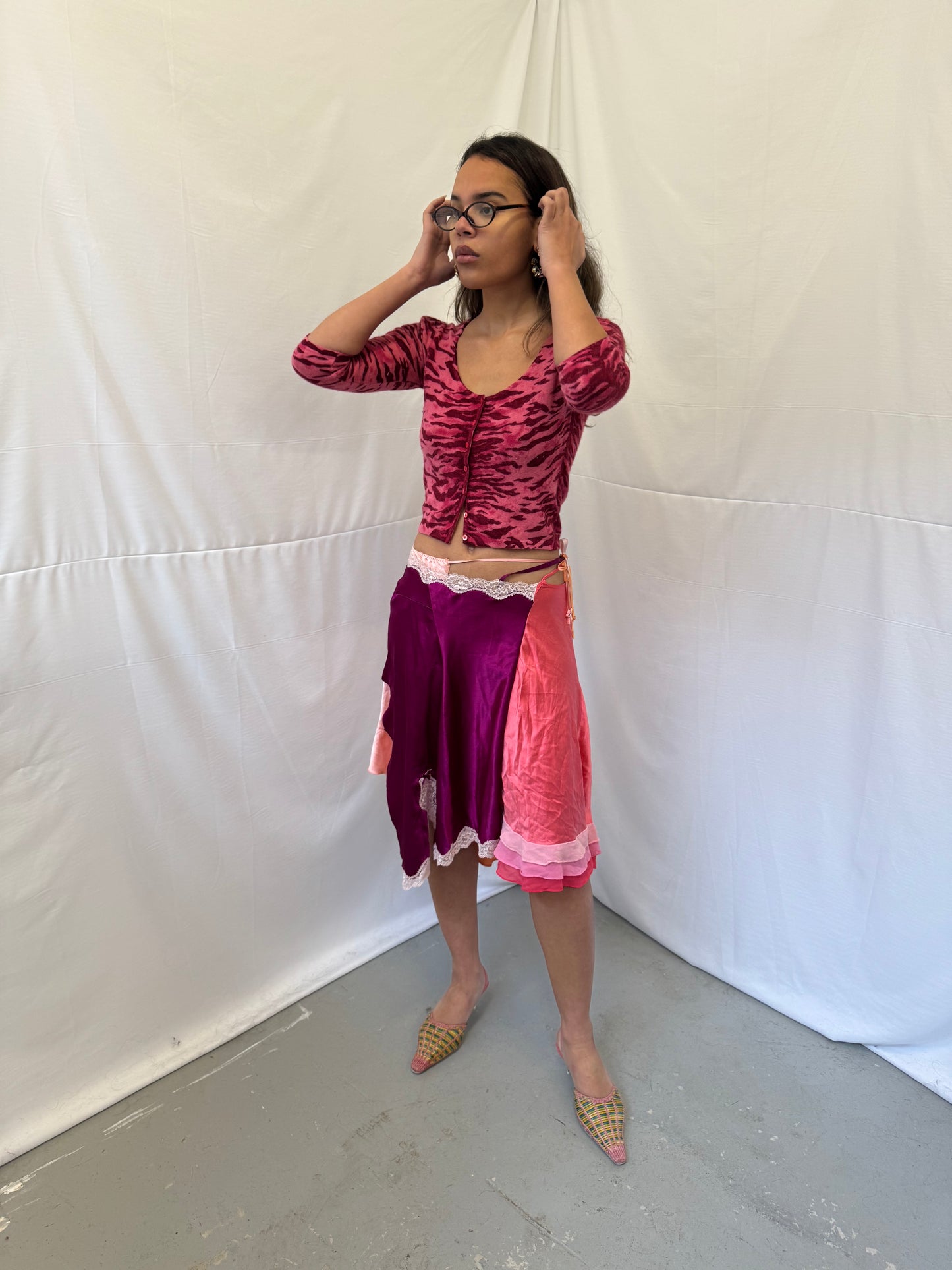 Upcycled purple and pink slip skirt