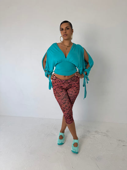 Turquoise Long-sleeve Drape Top