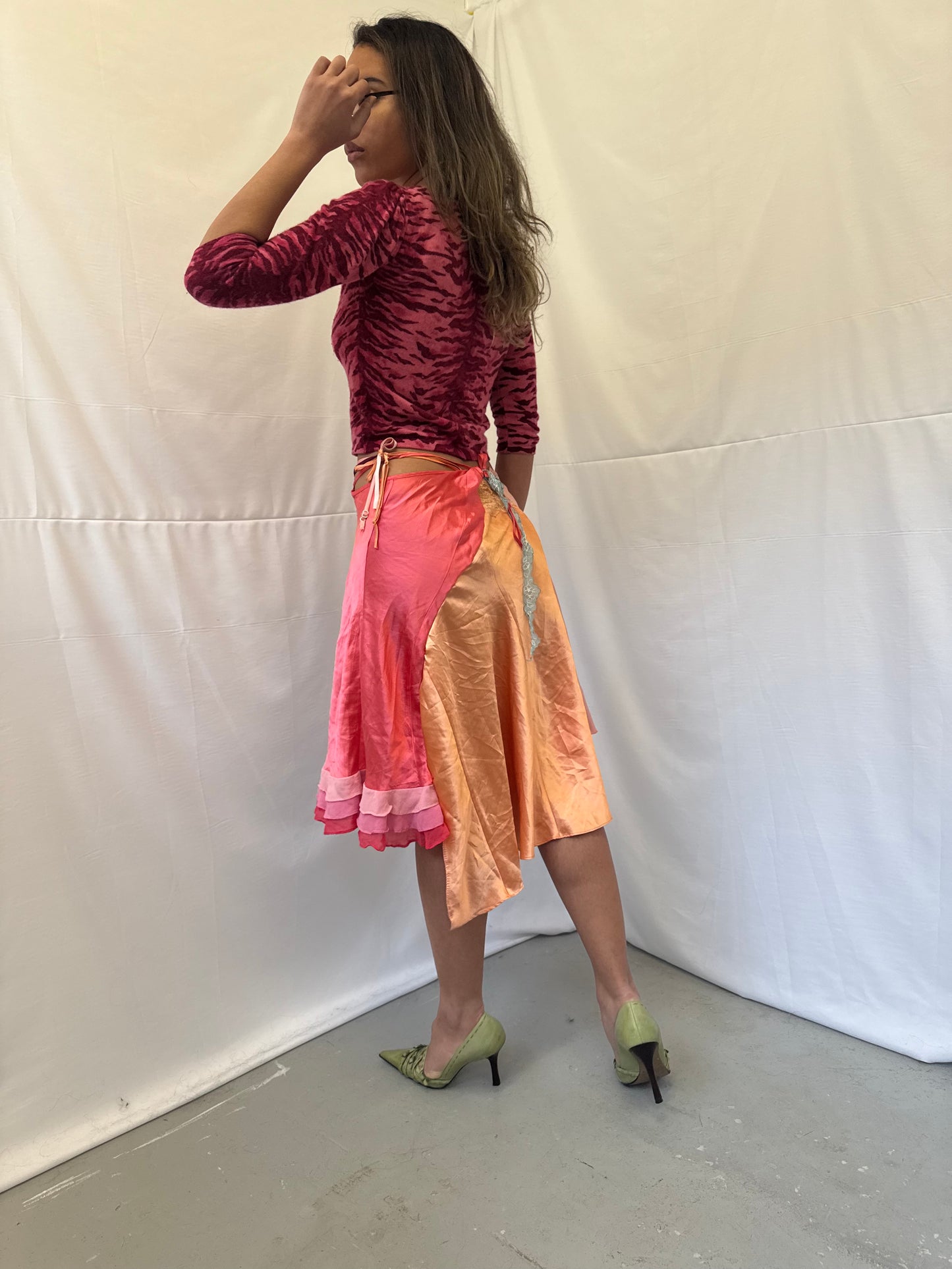 Upcycled purple and pink slip skirt