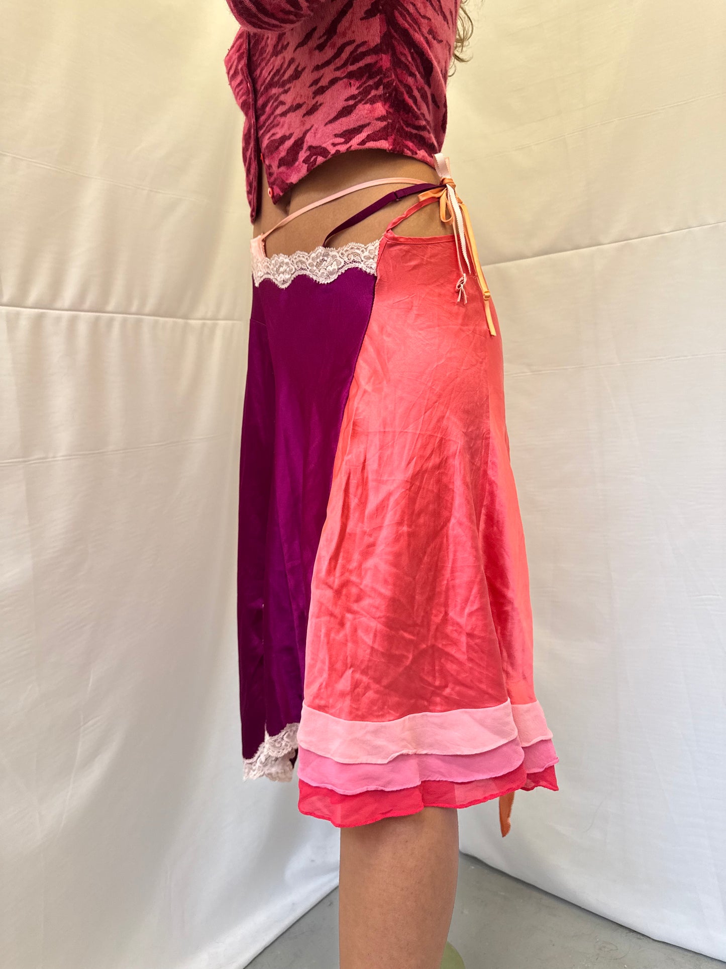 Upcycled purple and pink slip skirt