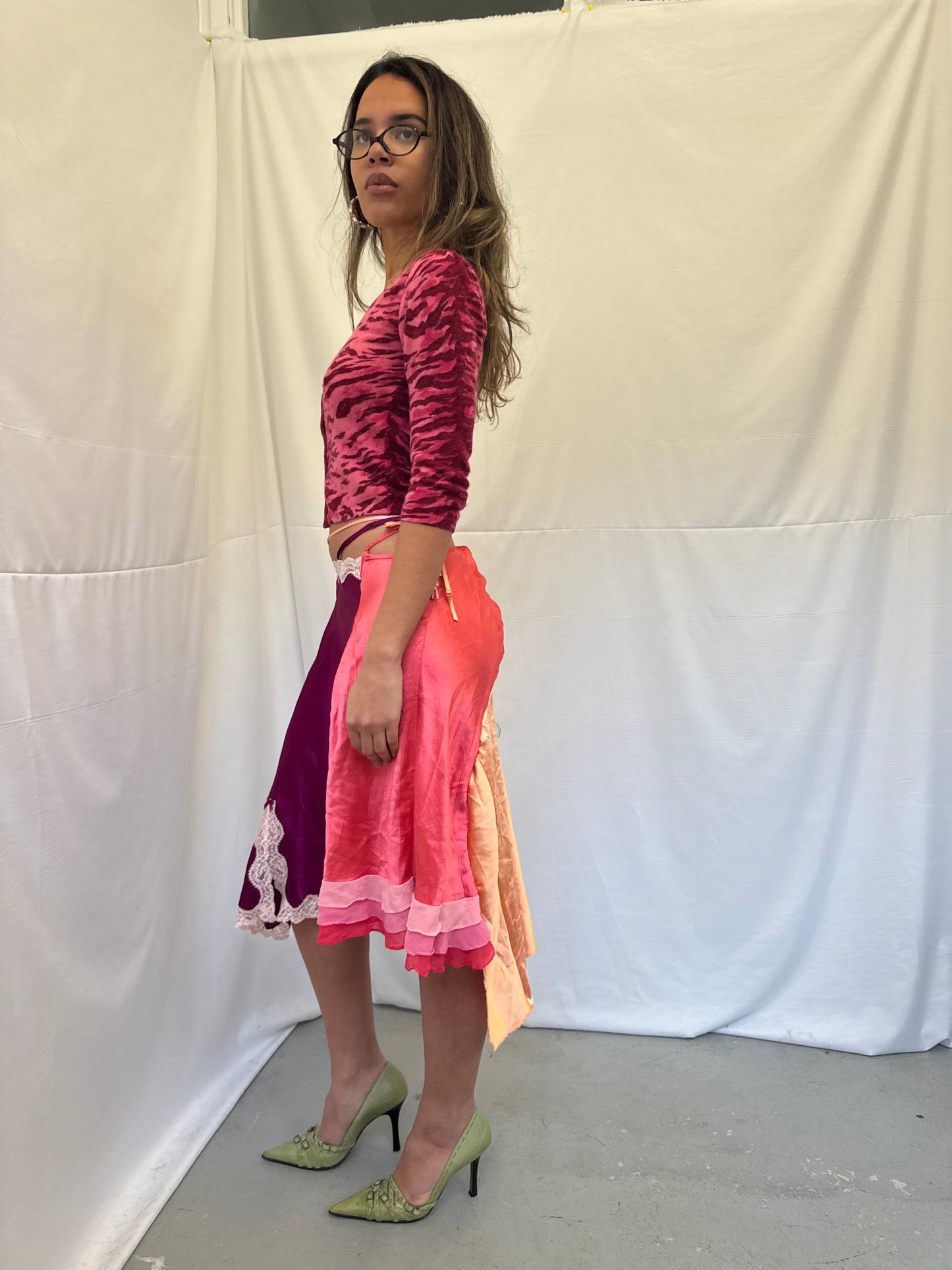 Upcycled purple and pink slip skirt