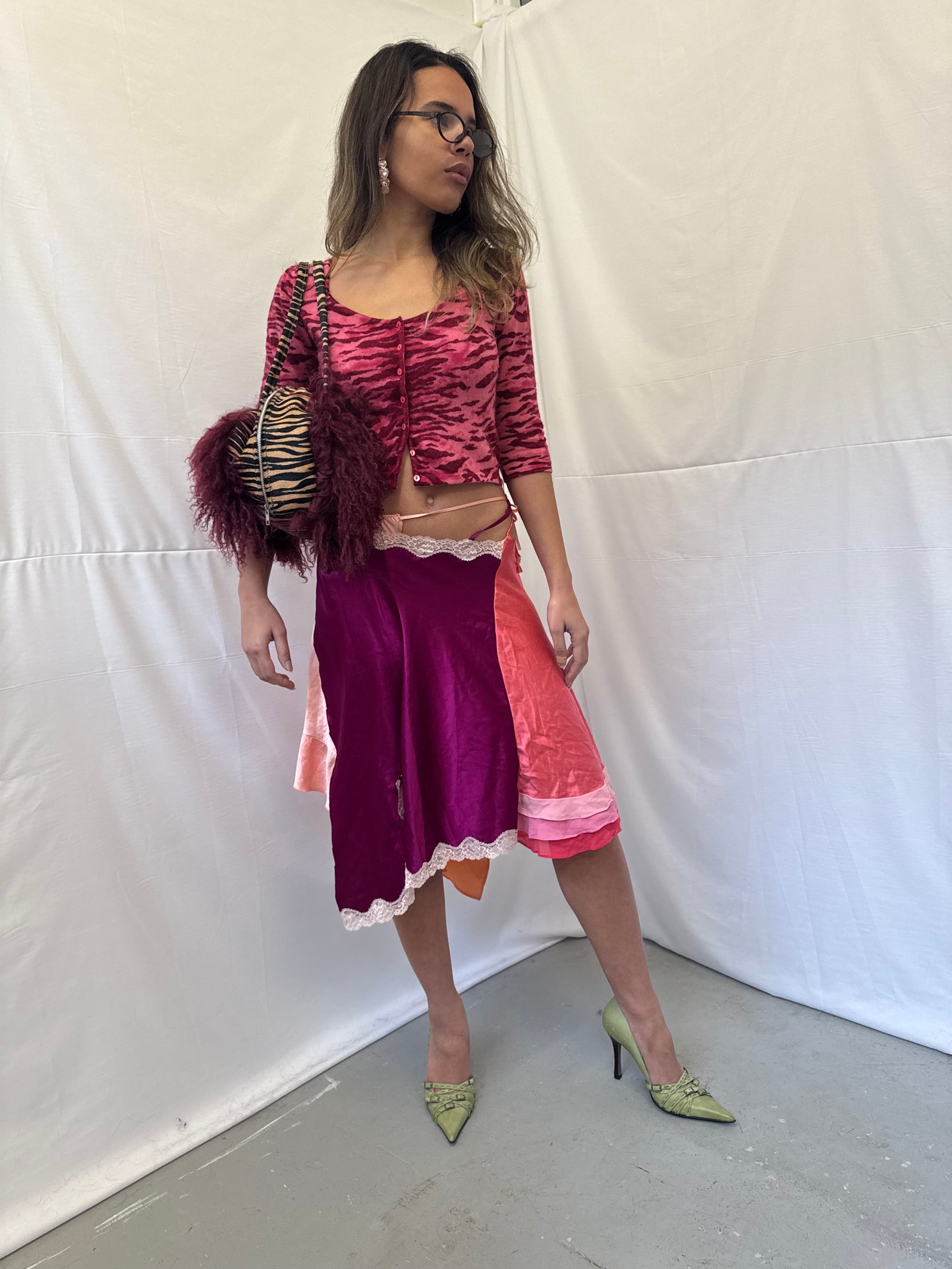 Upcycled purple and pink slip skirt