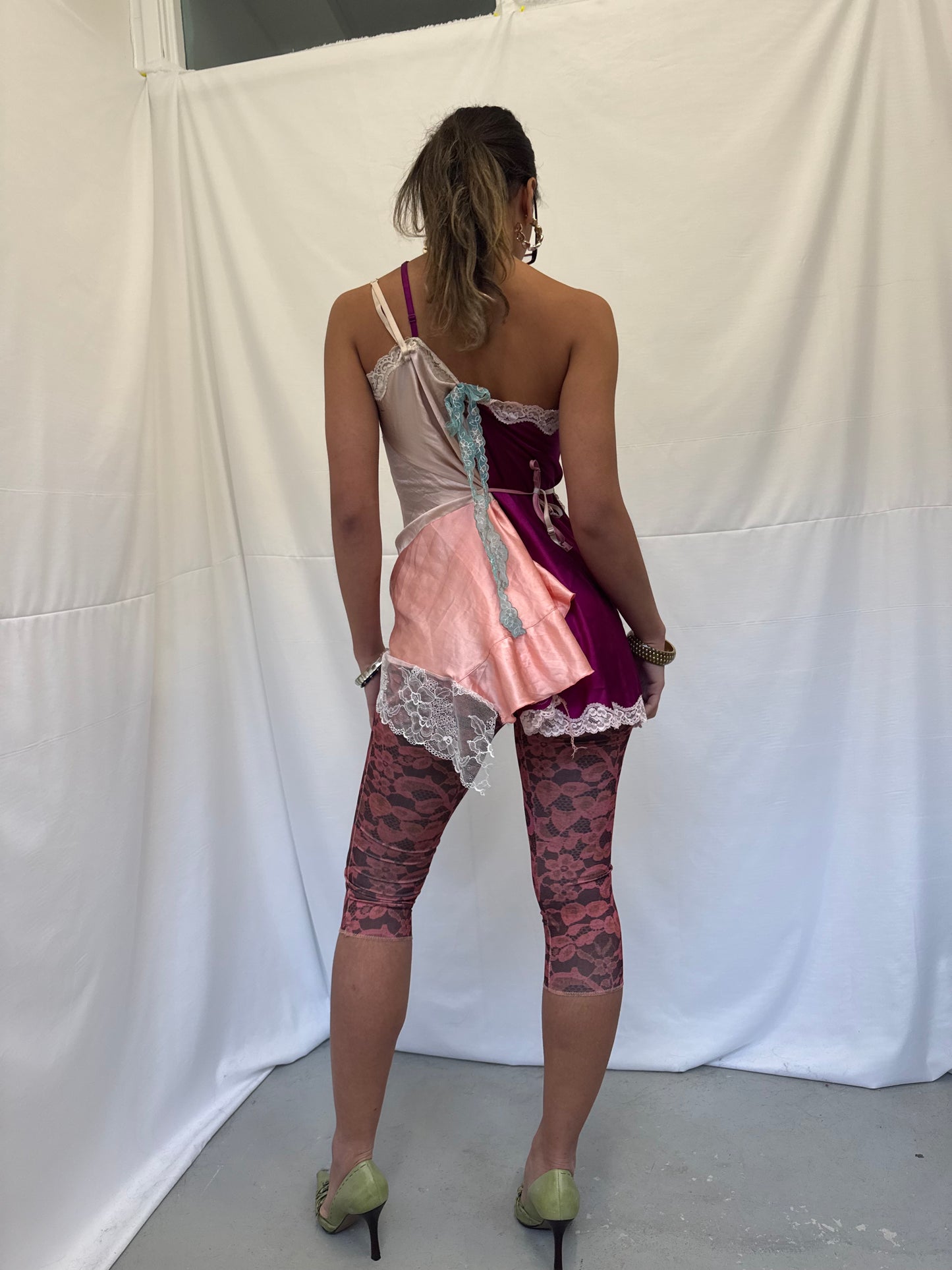 Upcycled purple and baby pink asymmetric top