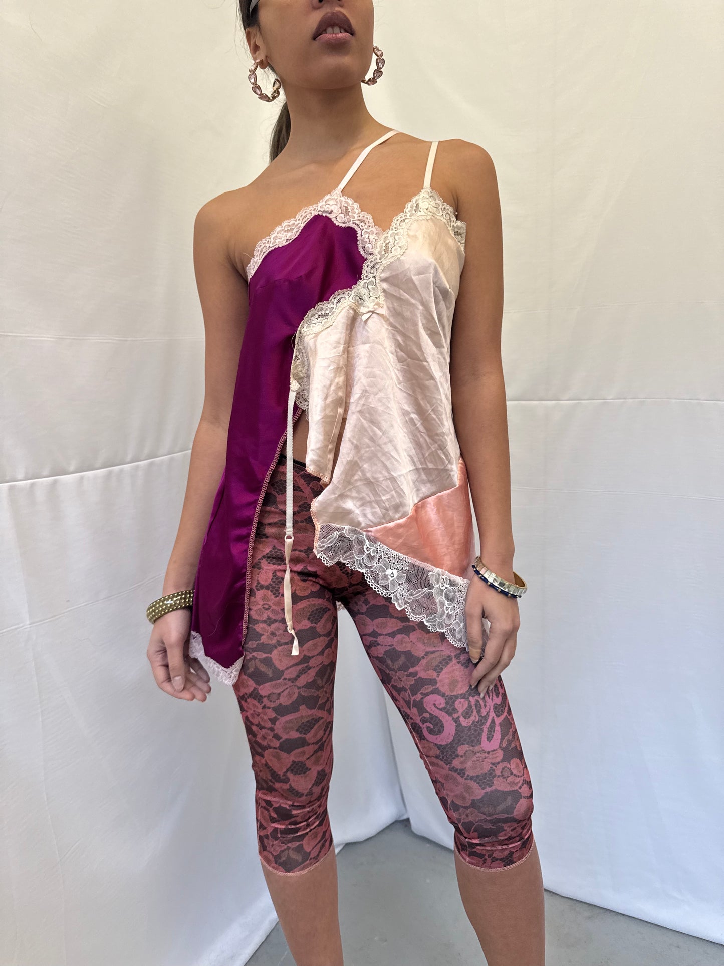 Upcycled purple and baby pink asymmetric top