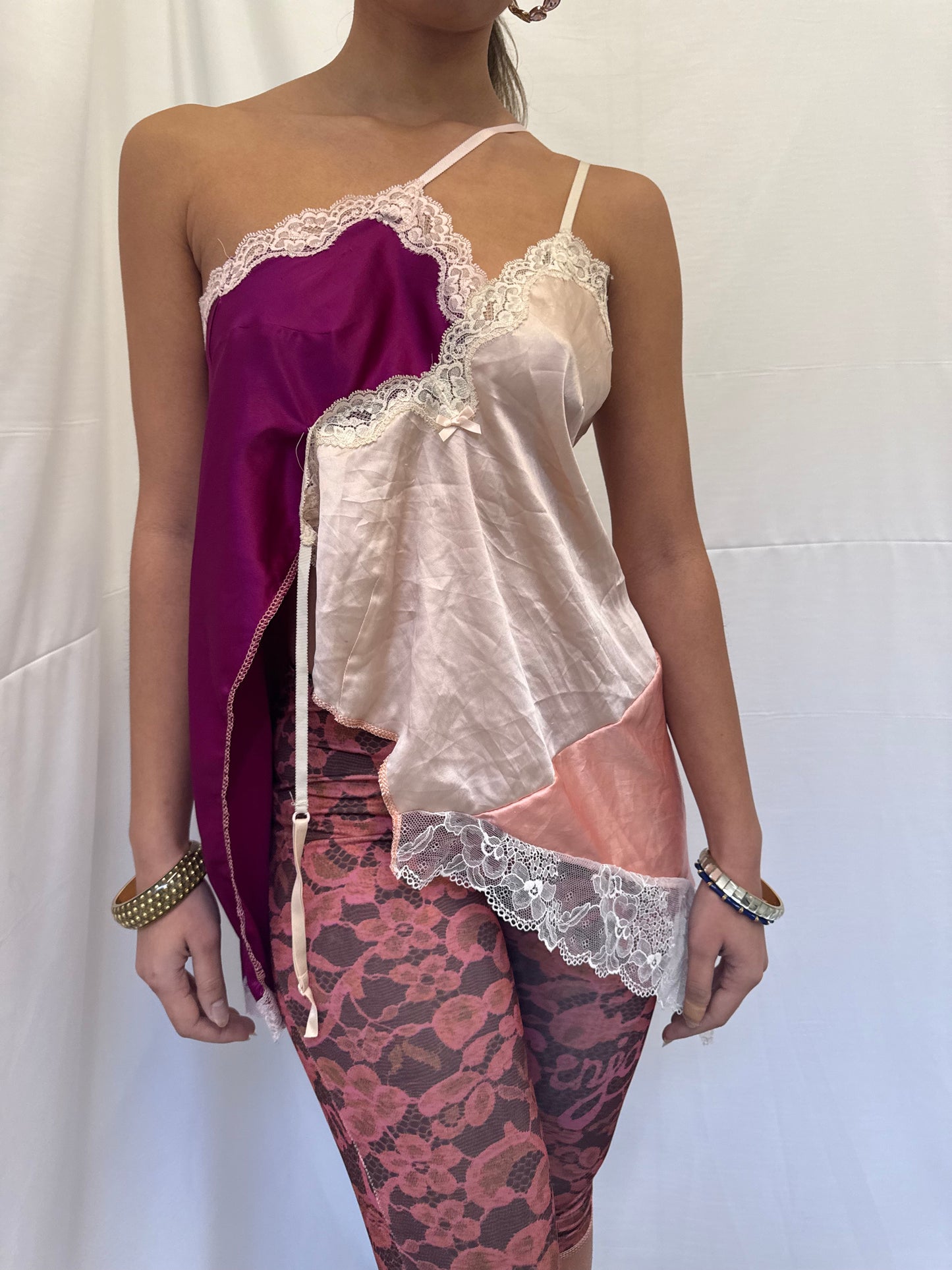 Upcycled purple and baby pink asymmetric top