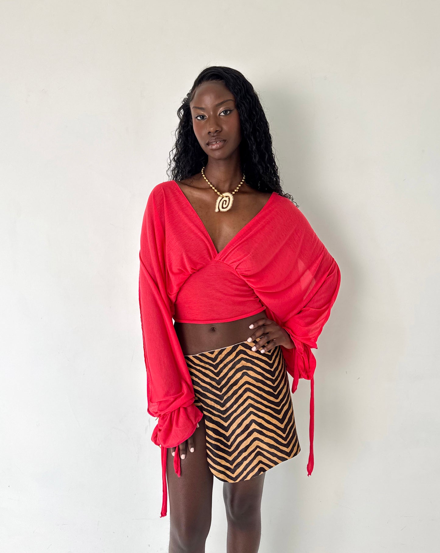 Red Long-sleeve Drape Top