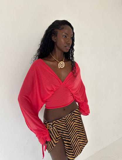 Red Long-sleeve Drape Top