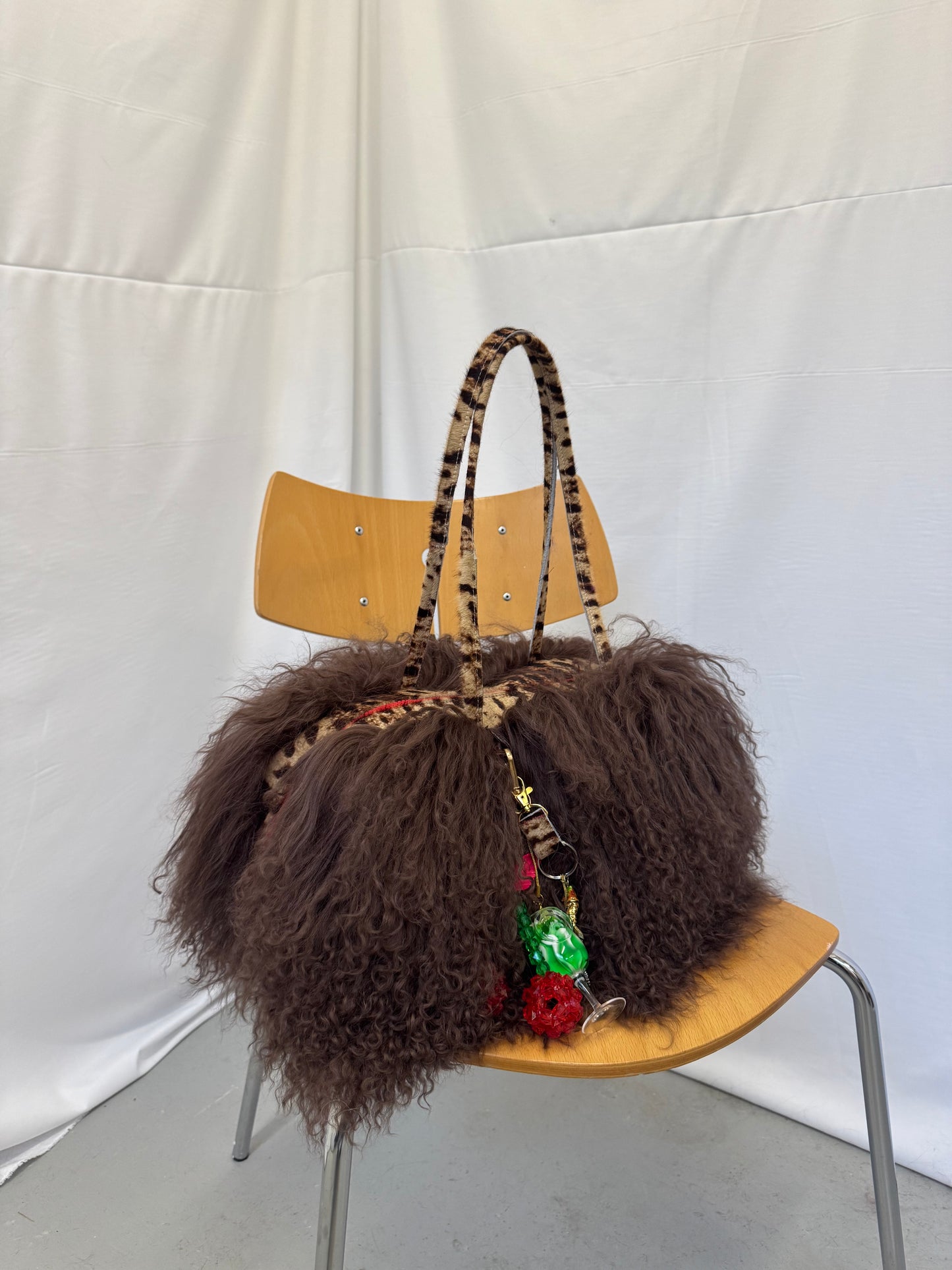 Brown Mongolian Wool Bowler Bag with Leopard Print Leather